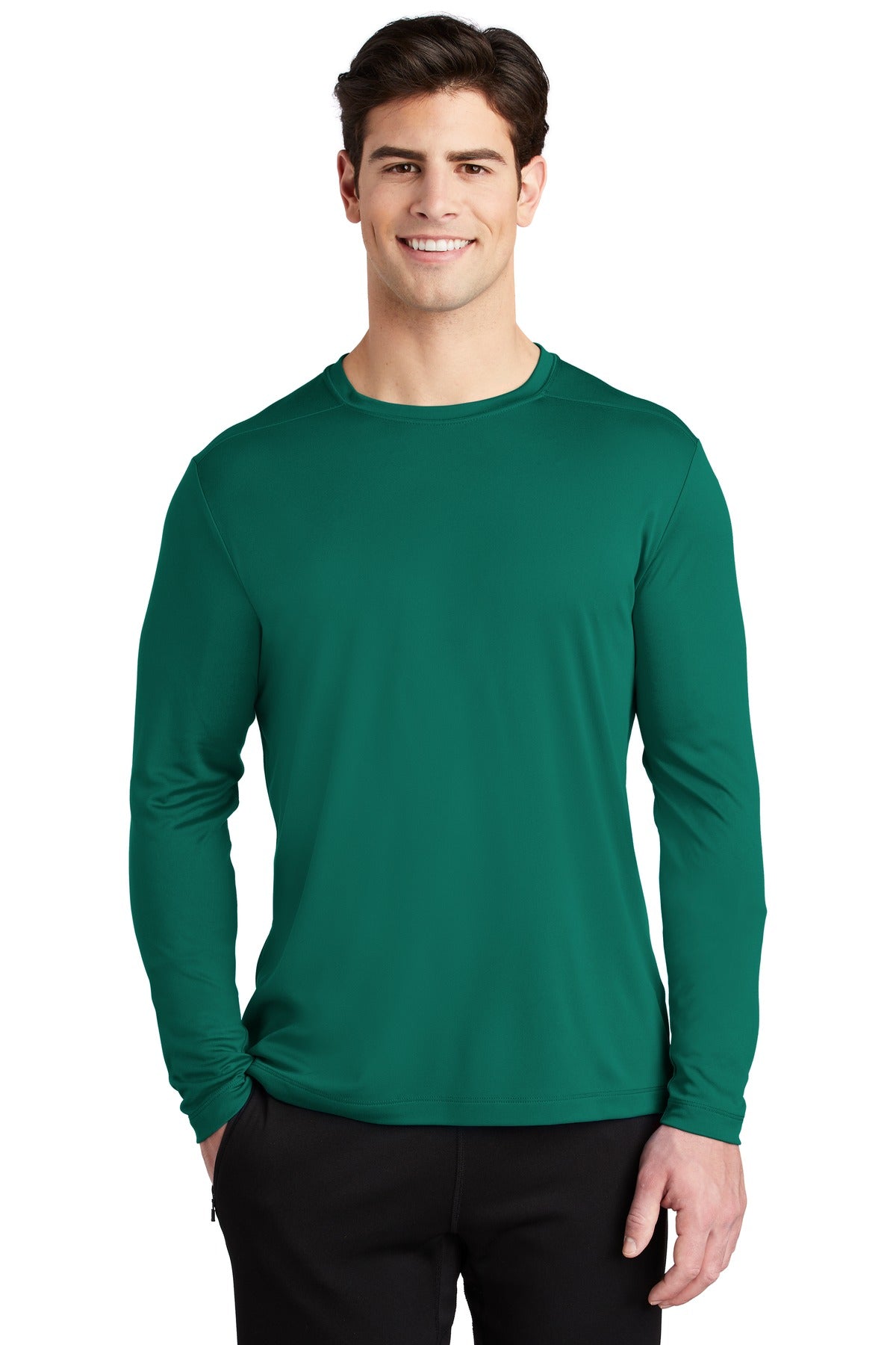 Front View of Marine Green Sport-Tek Posi-UV Pro Long Sleeve Tee. ST420LS
