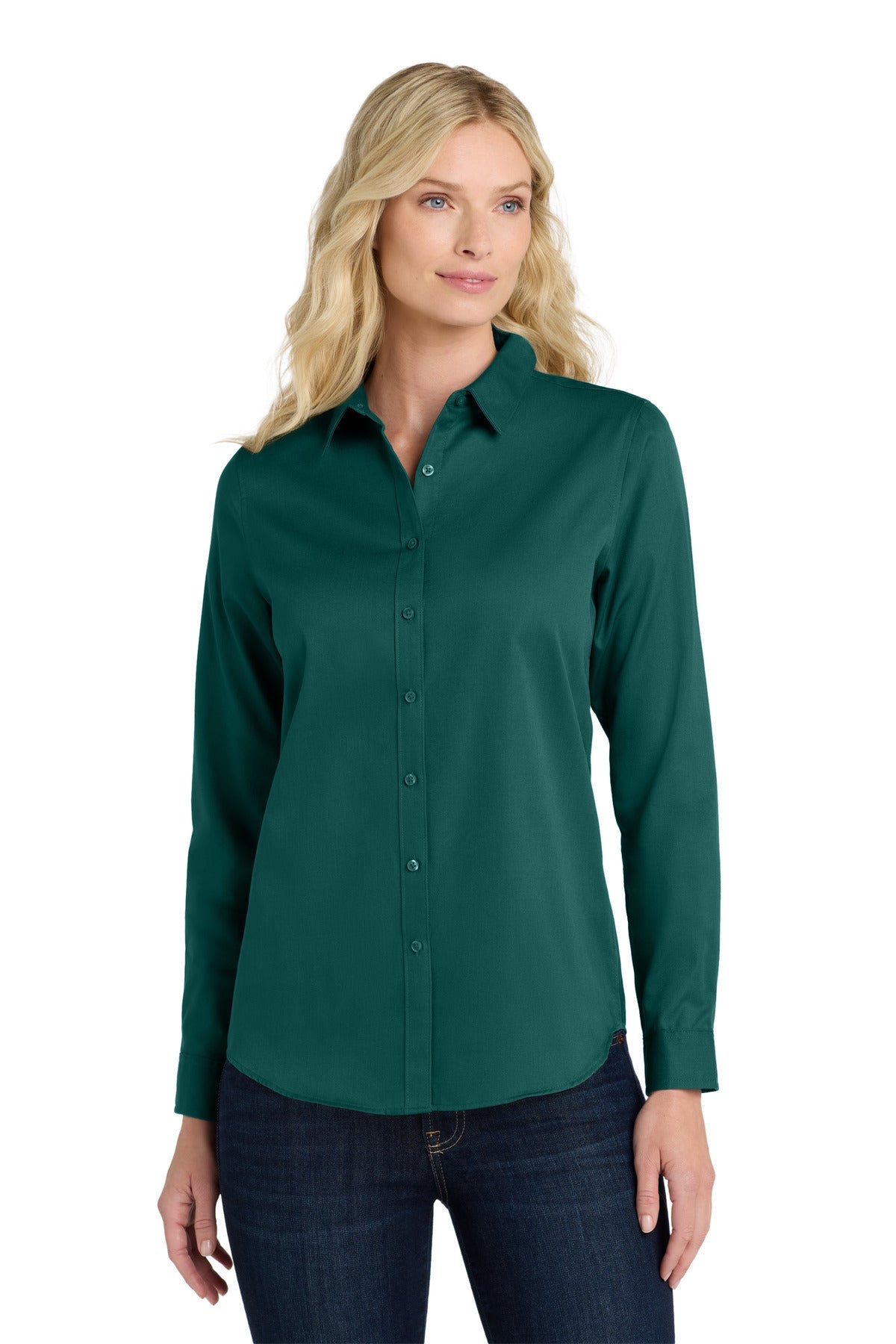 Front View of MarineGrn Port Authority Women's Long Sleeve SuperPro React Twill Shirt. LW808