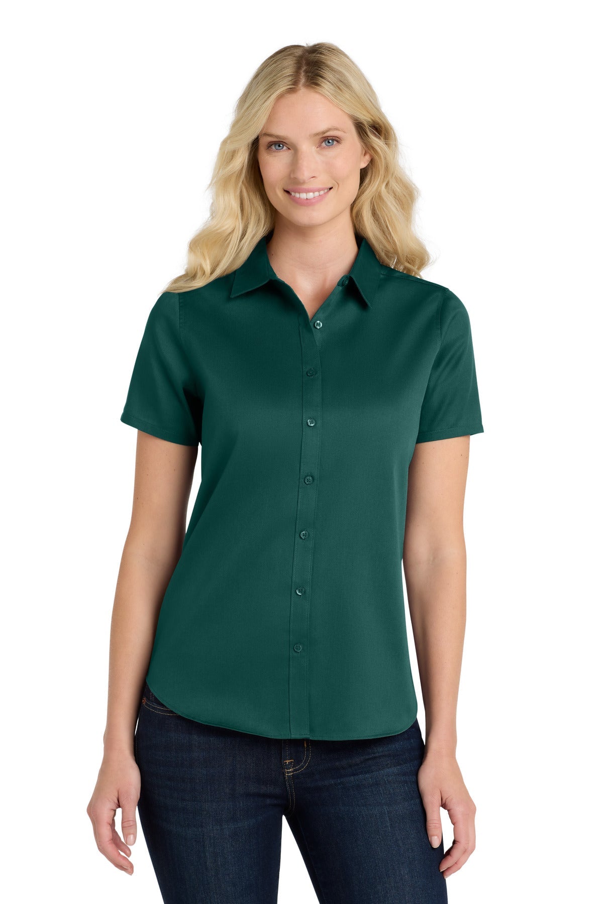 Front View of MarineGrn Port Authority Women's Short Sleeve SuperPro React Twill Shirt. LW809