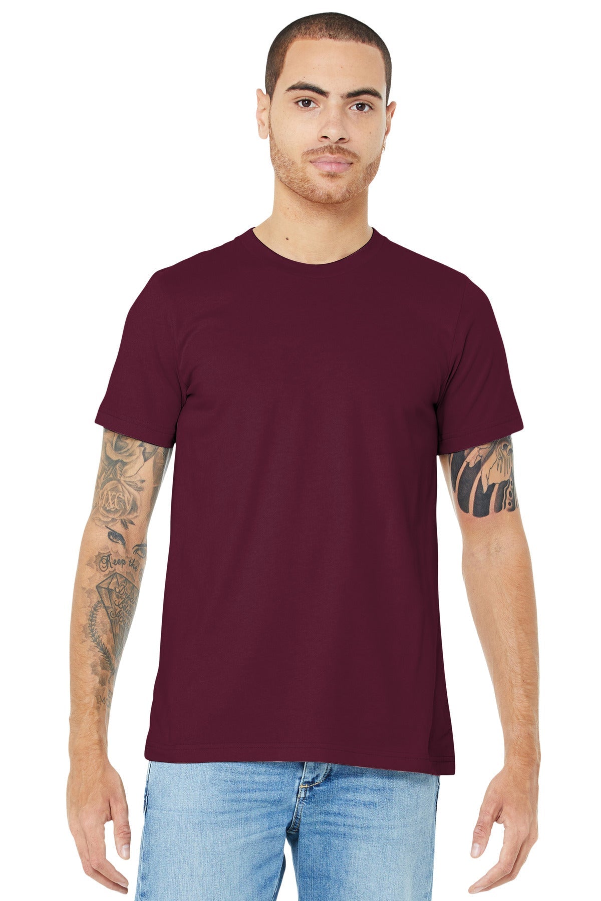 Front View of Maroon BELLA+CANVAS Unisex Jersey Short Sleeve Tee. BC3001