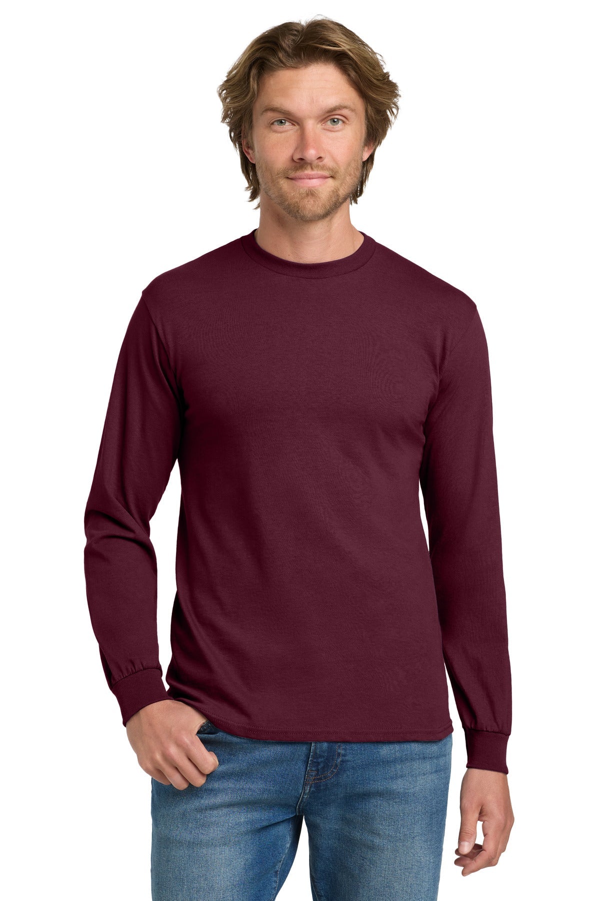 Front View of Maroon Gildan - Heavy Cotton 100% Cotton Long Sleeve T-Shirt. 5400