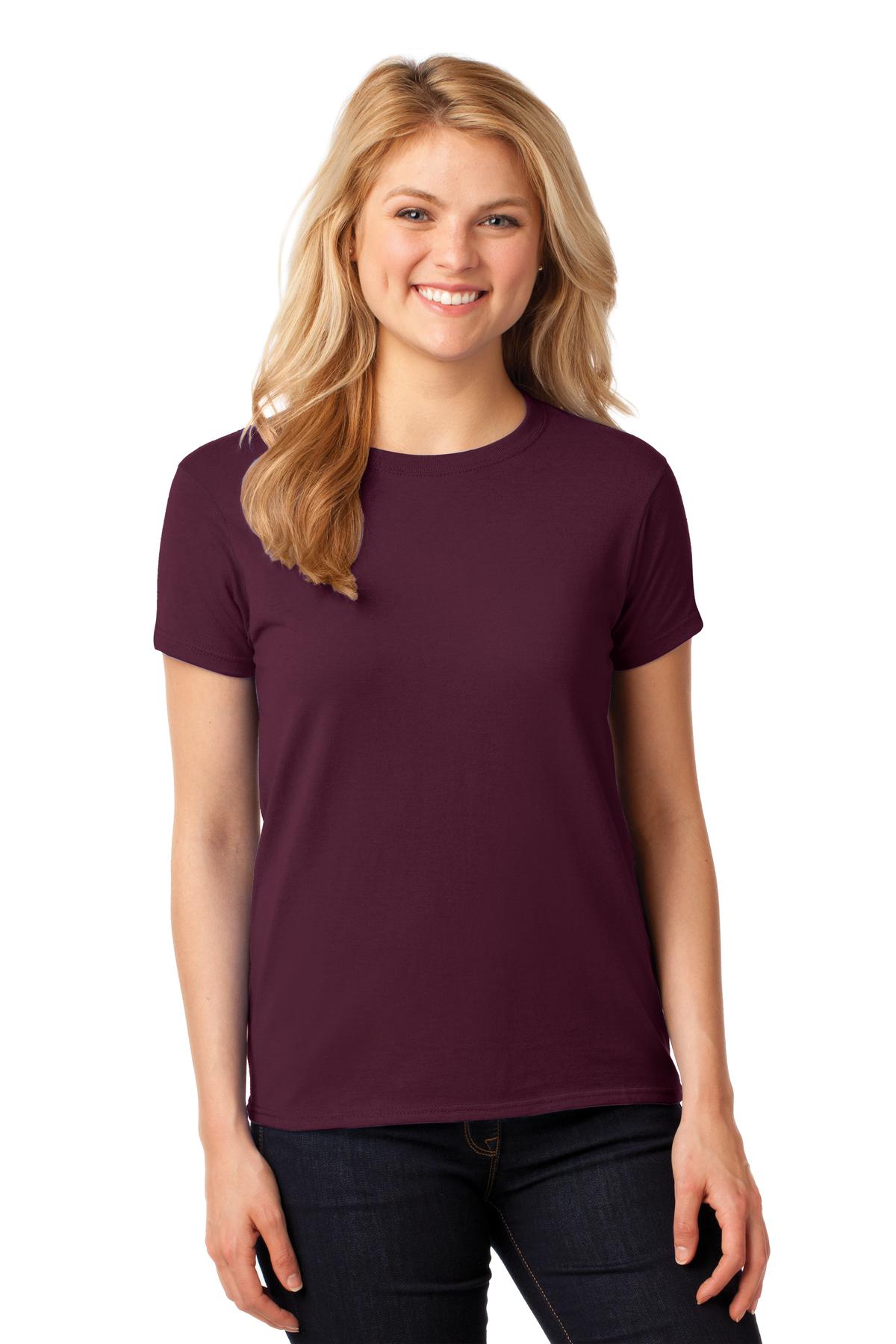 Front View of Maroon Gildan Women's Heavy Cotton 100% Cotton T-Shirt. 5000L