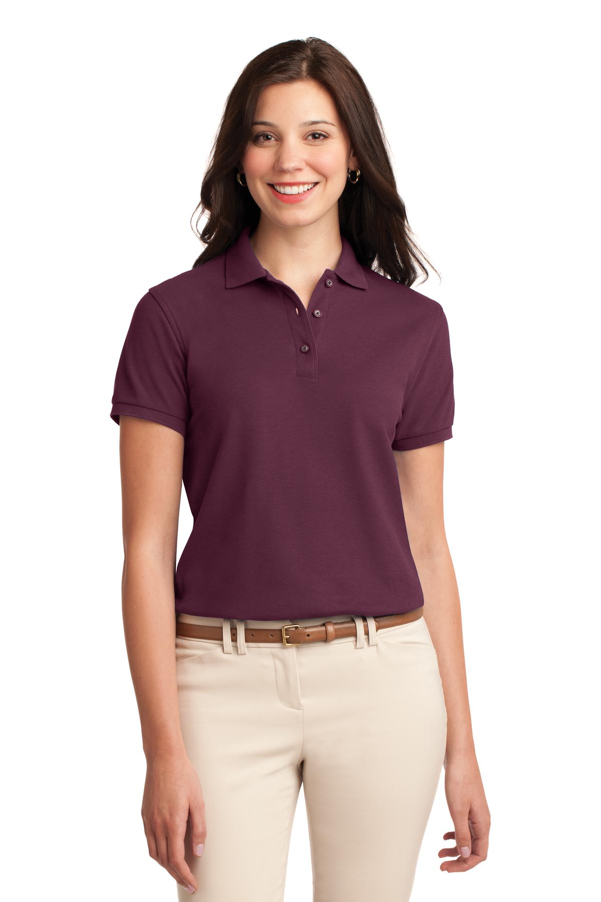 Front View of Maroon Port Authority Women's Silk Touch Polo. L500