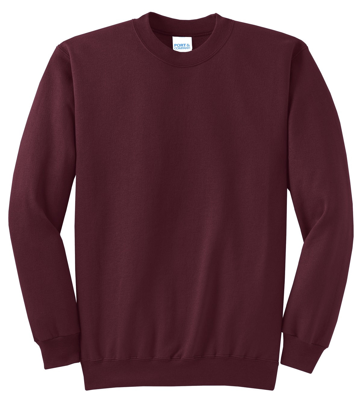 Front View of Maroon Port & Co Core Fleece Crewneck Sweatshirt. PC78