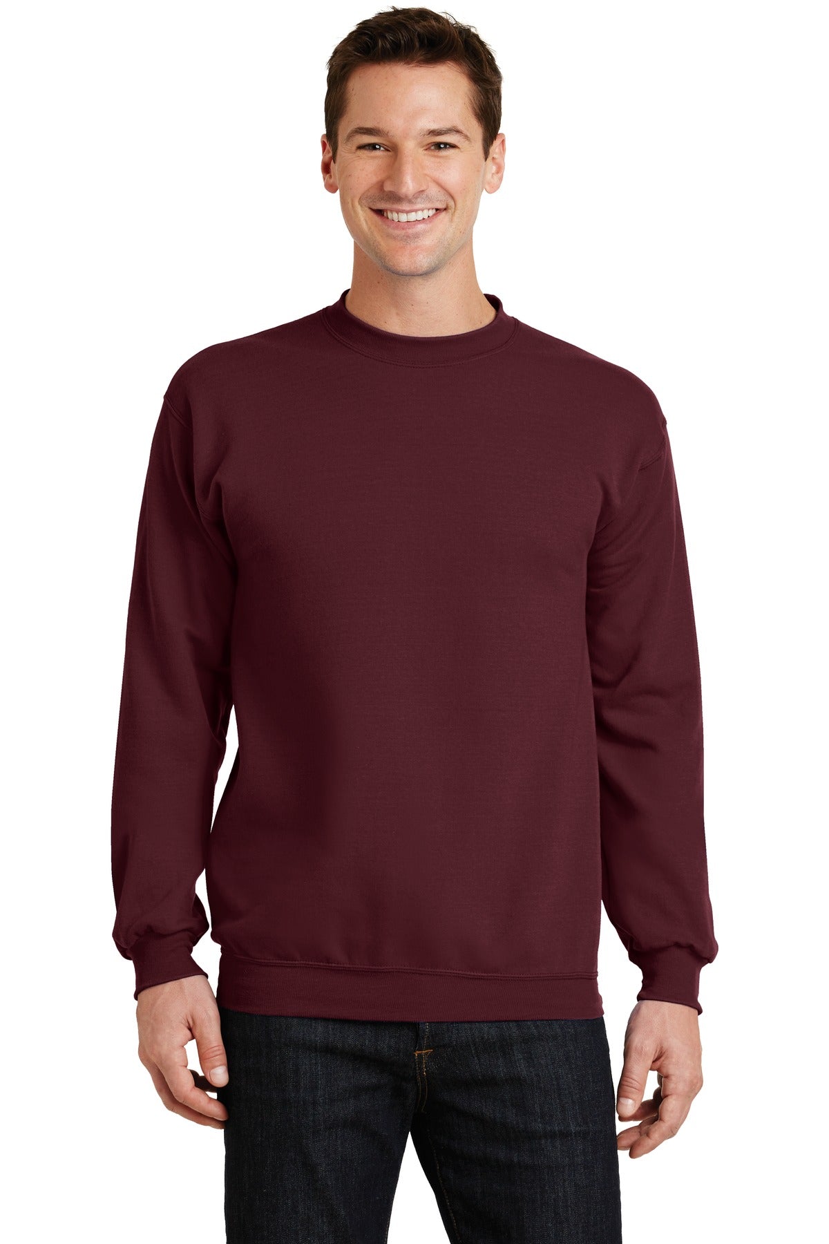 Front View of Maroon Port & Co Core Fleece Crewneck Sweatshirt. PC78