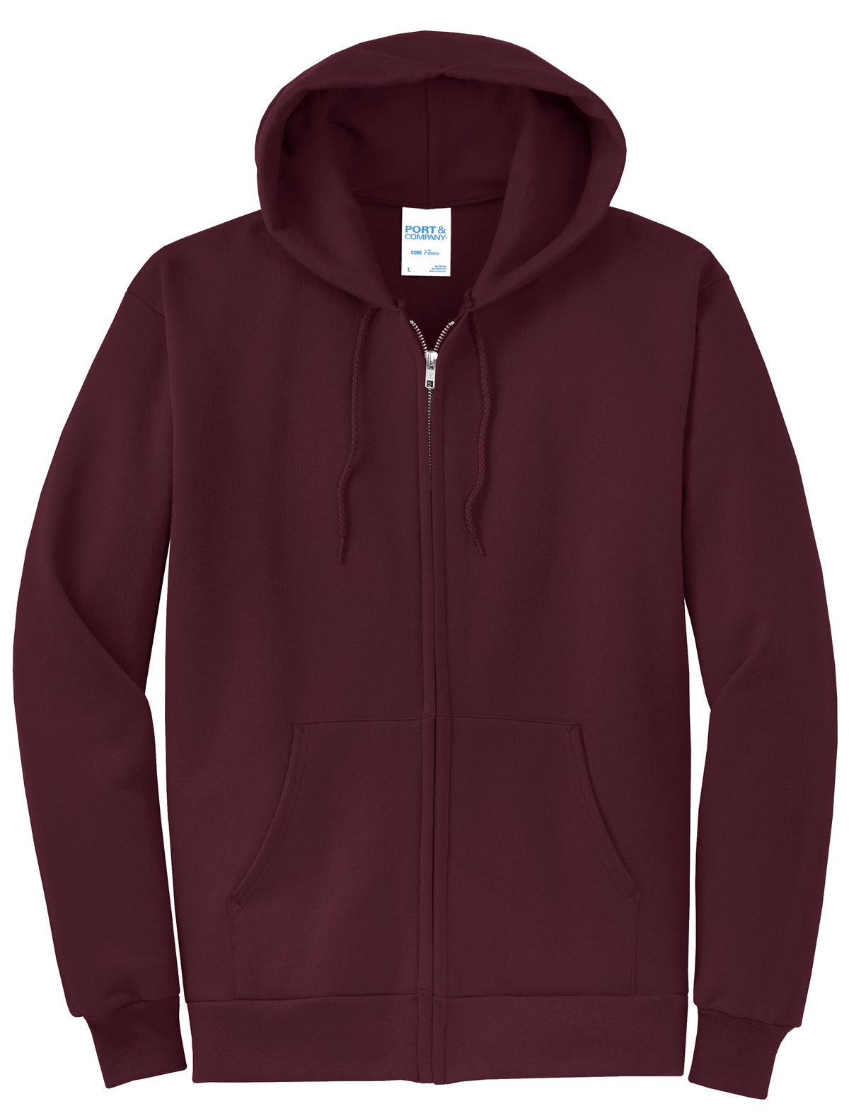 Front View of Maroon Port & Co Core Fleece Full-Zip Hooded Sweatshirt. PC78ZH
