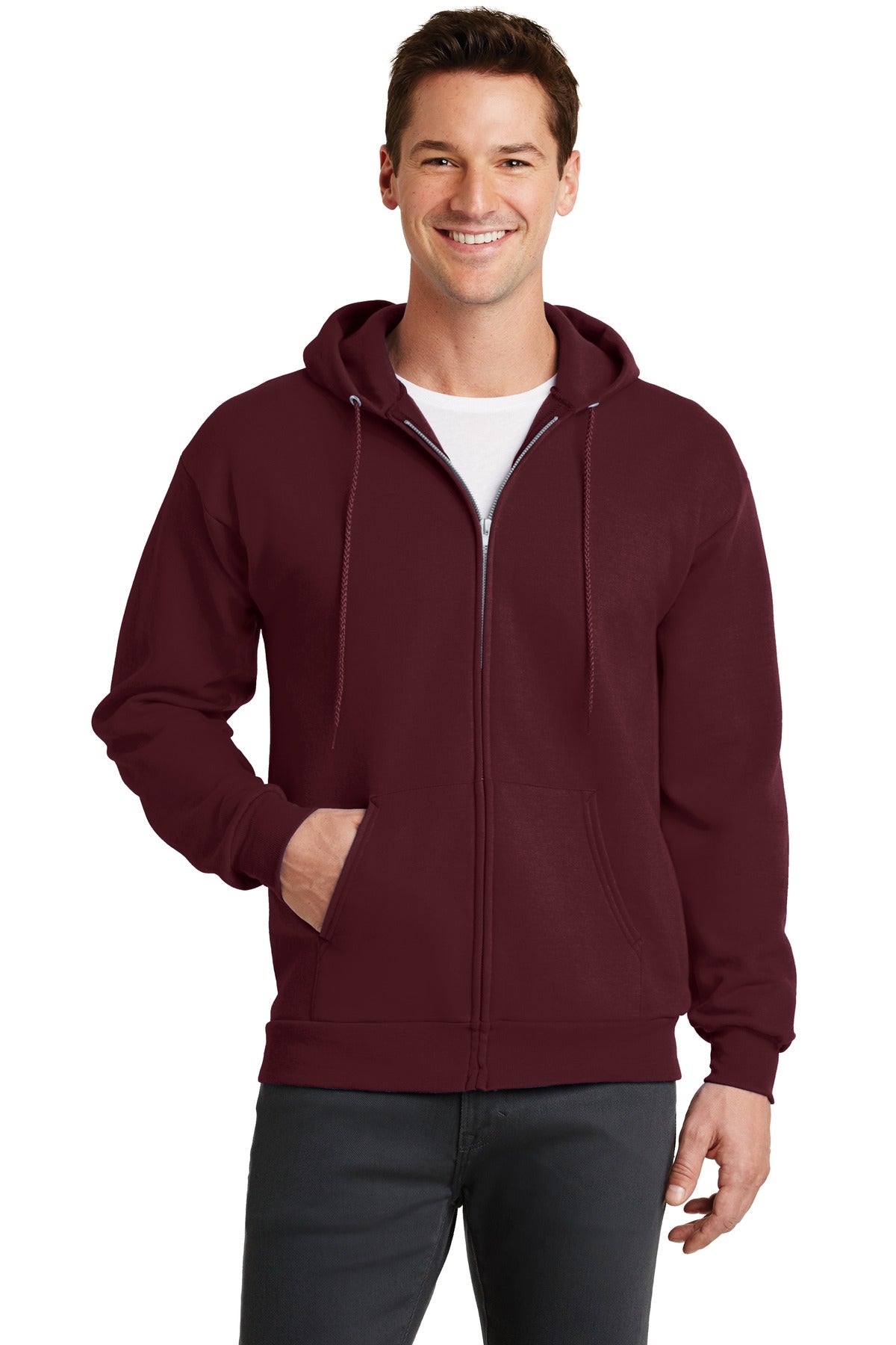 Front View of Maroon Port & Co Core Fleece Full-Zip Hooded Sweatshirt. PC78ZH