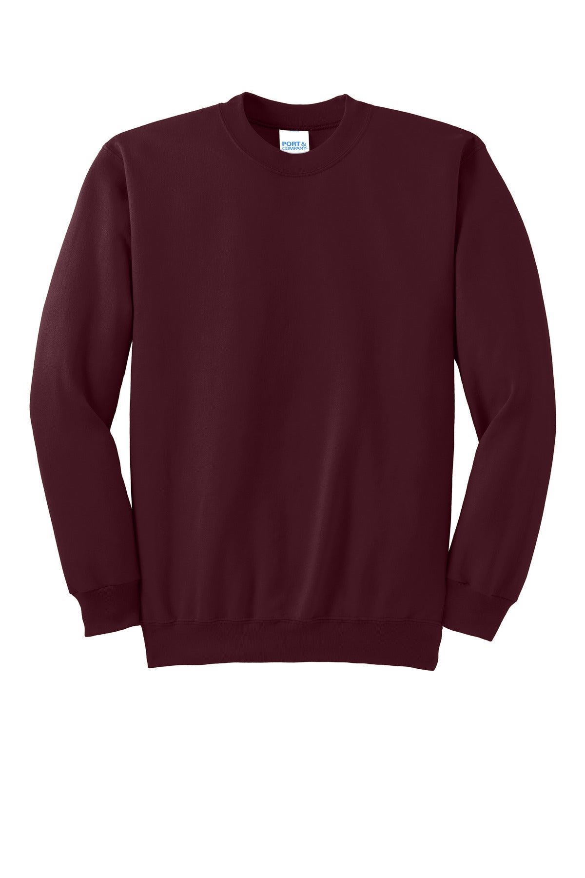 Front View of Maroon Port & Co Essential Fleece Crewneck Sweatshirt. PC90