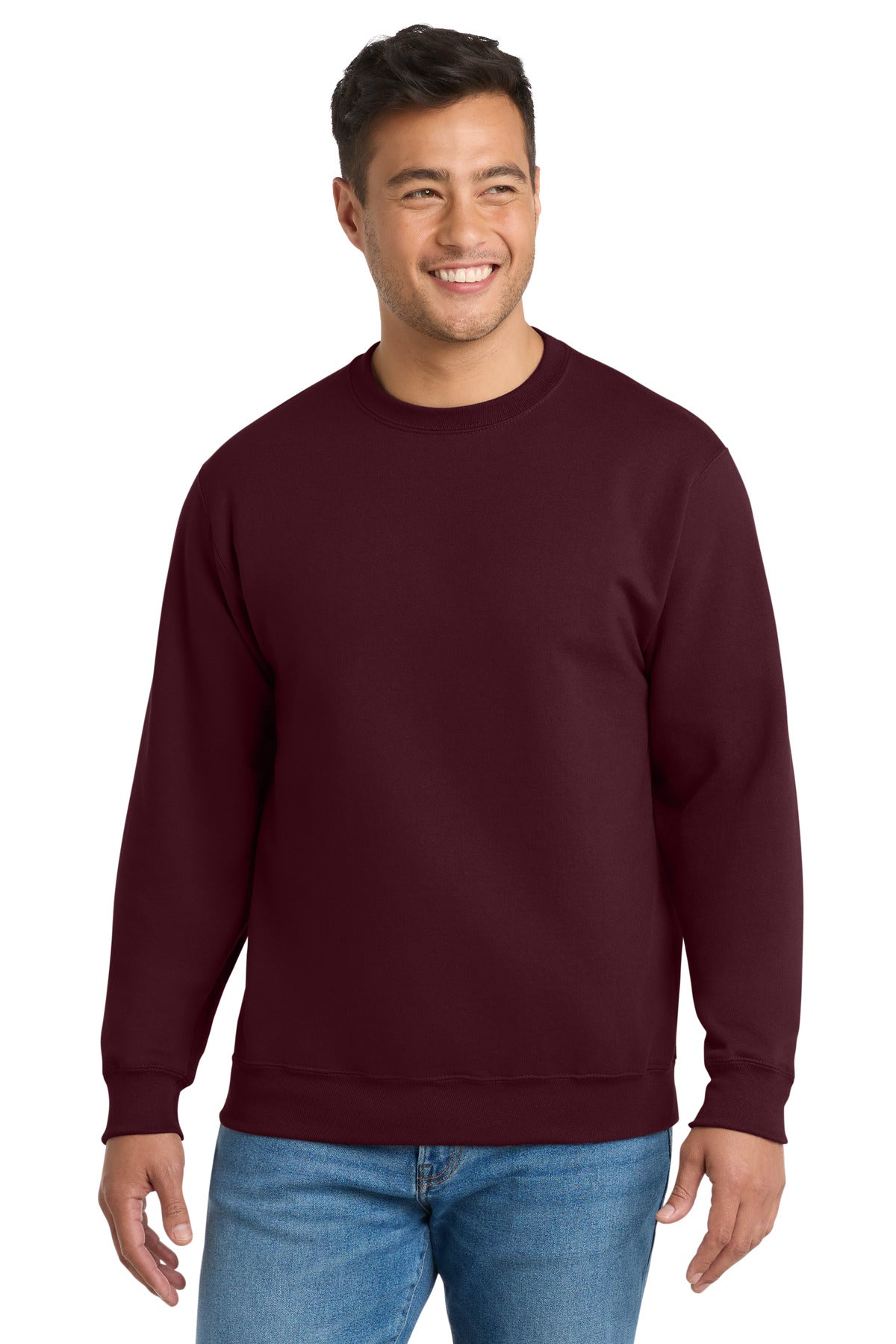Front View of Maroon Port & Co Essential Fleece Crewneck Sweatshirt. PC90
