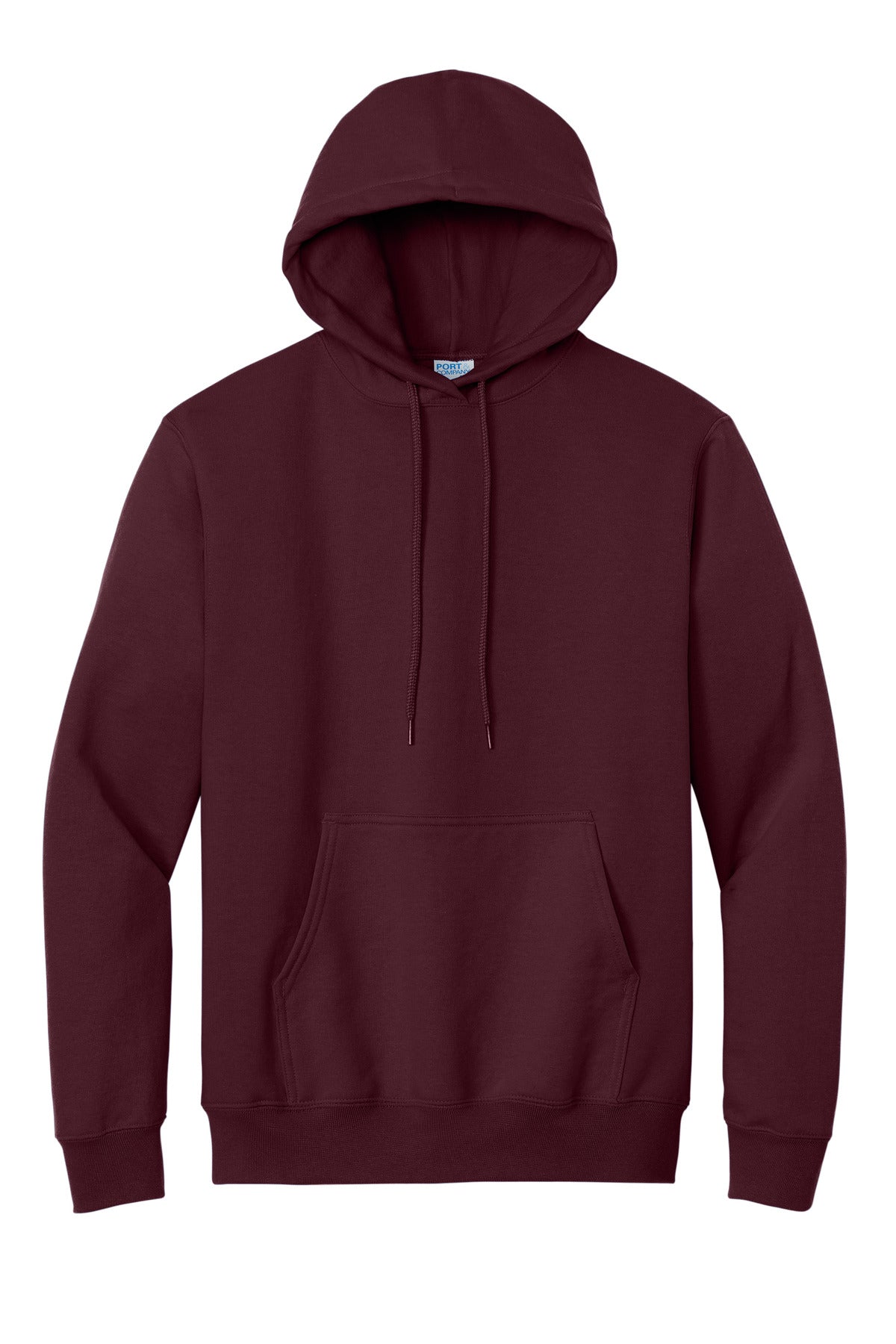 Front View of Maroon Port & Co Essential Fleece Pullover Hooded Sweatshirt. PC90H