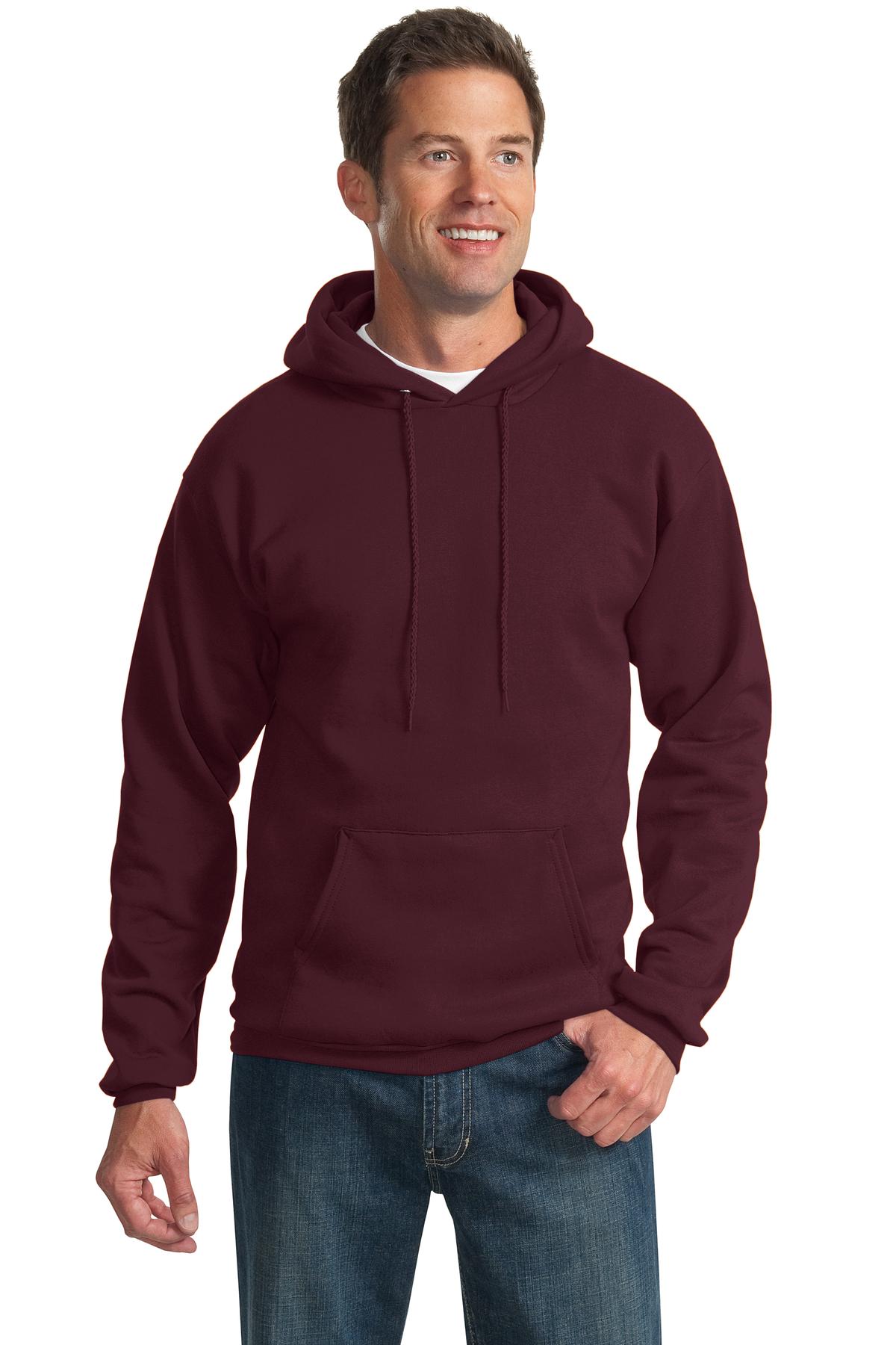 Front View of Maroon Port & Co Essential Fleece Pullover Hooded Sweatshirt. PC90H