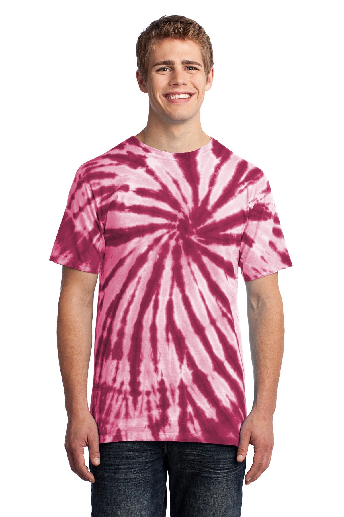 Front View of Maroon Port & Co Tie-Dye Tee. PC147