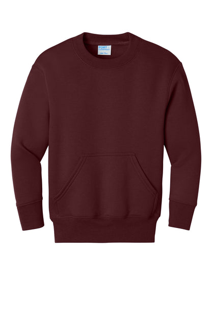 Front View of Maroon Port & Co Youth Core Fleece Crewneck Pocket Sweatshirt PC78YPKT