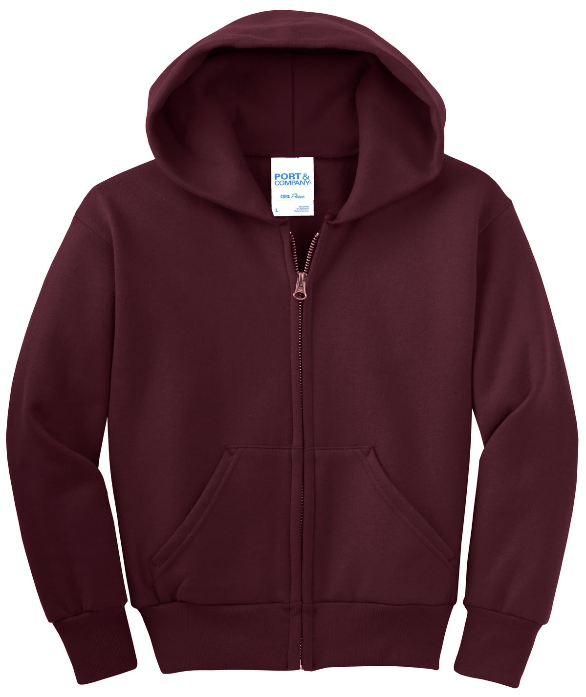 Front View of Maroon Port & Co Youth Core Fleece Full-Zip Hooded Sweatshirt. PC90YZH