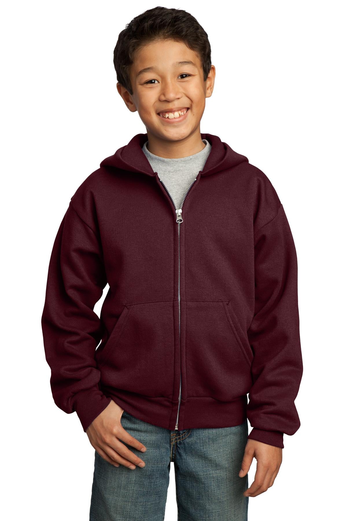 Front View of Maroon Port & Co Youth Core Fleece Full-Zip Hooded Sweatshirt. PC90YZH