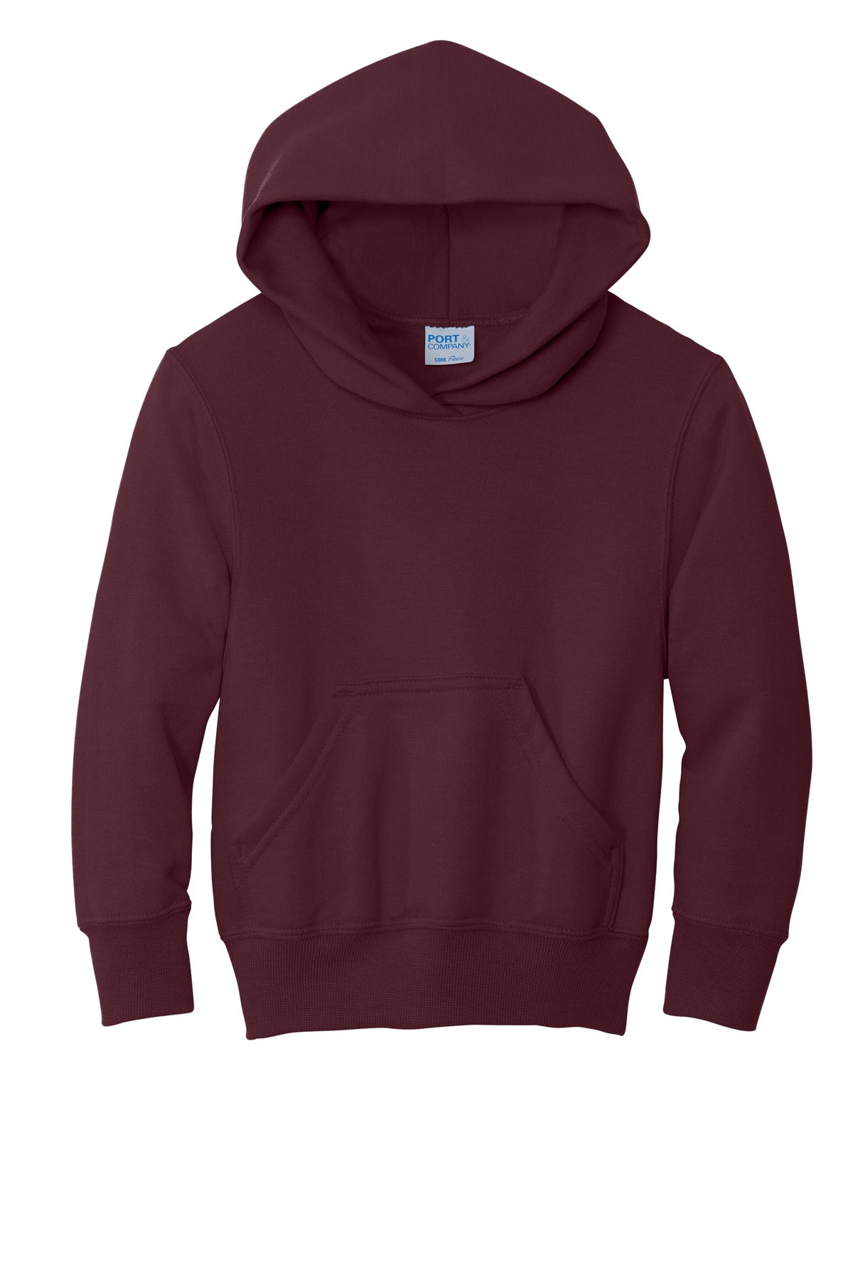 Front View of Maroon Port & Co Youth Core Fleece Pullover Hooded Sweatshirt. PC90YH