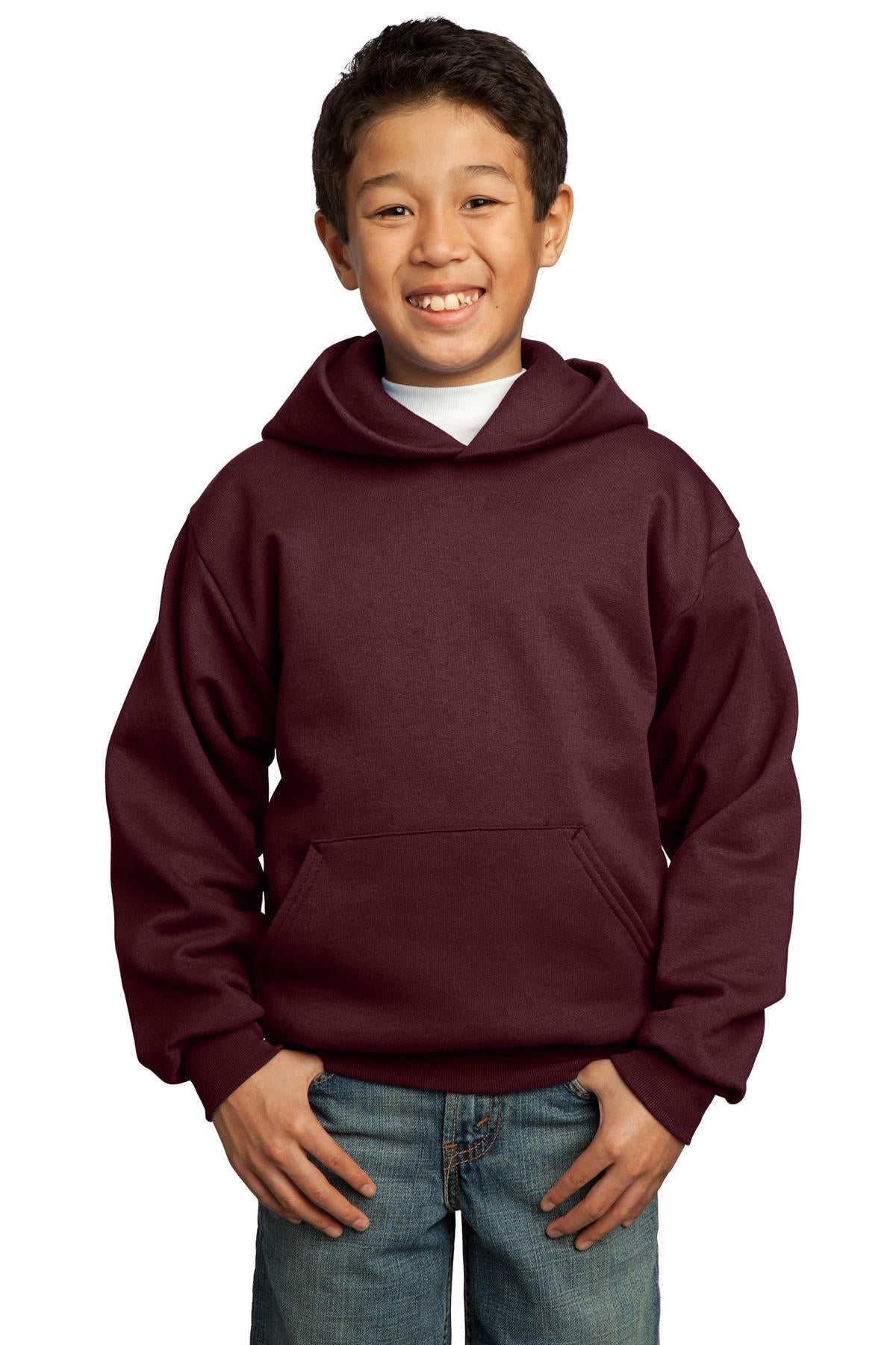 Front View of Maroon Port & Co Youth Core Fleece Pullover Hooded Sweatshirt. PC90YH