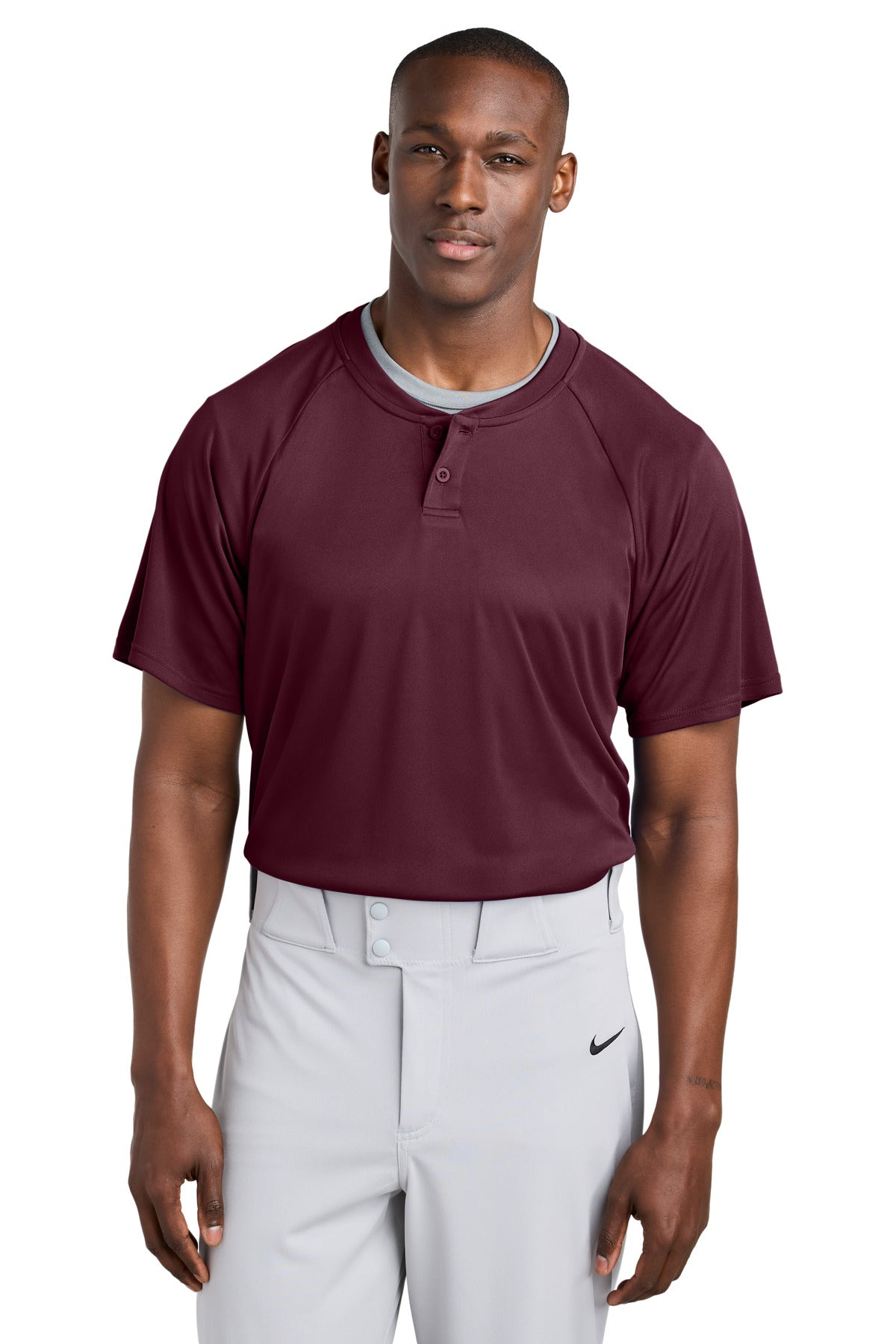 Front View of Maroon Sport-Tek PosiCharge Competitor 2-Button Henley ST359