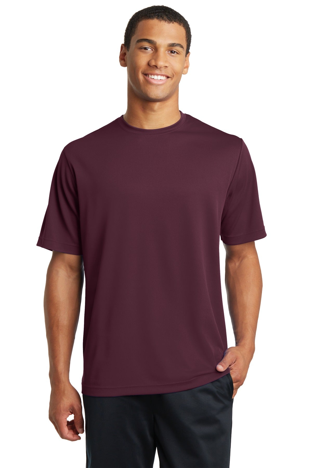 Front View of Maroon Sport-Tek PosiCharge RacerMesh Tee. ST340