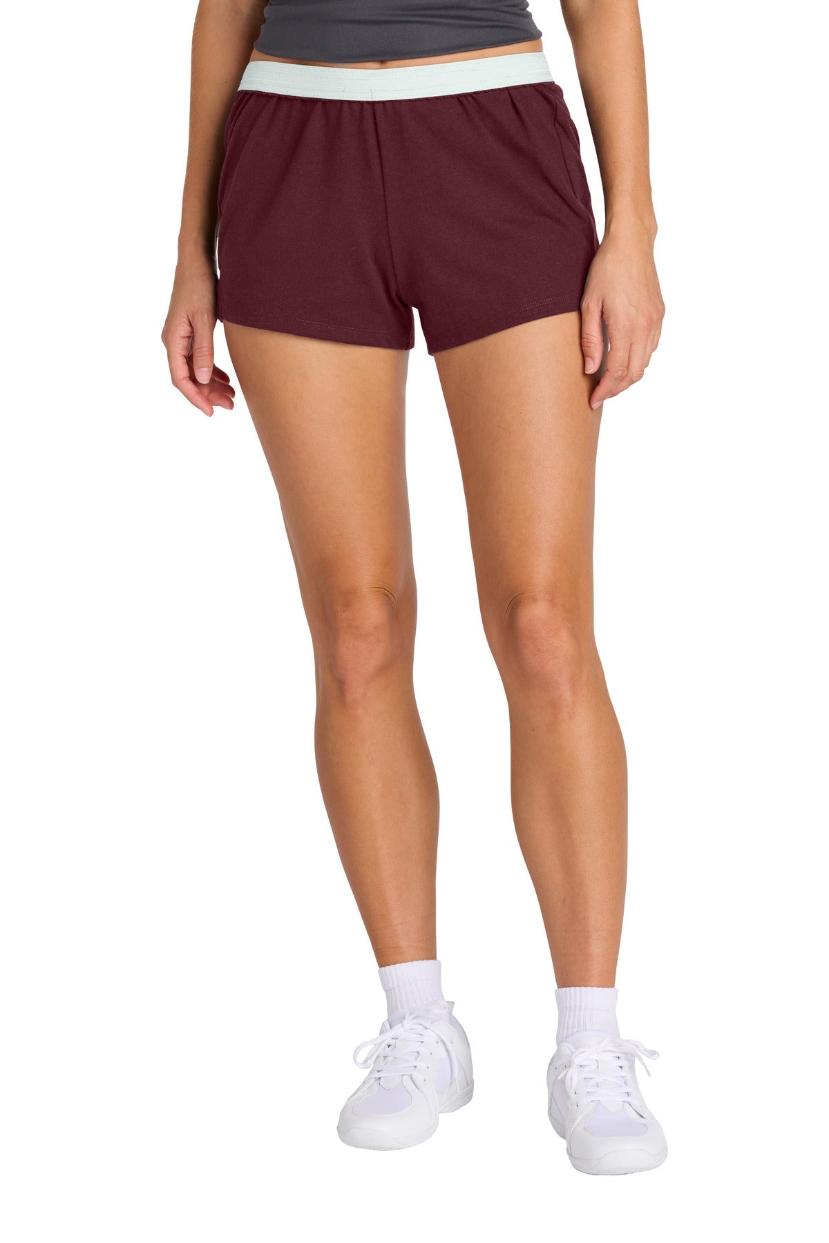 Front View of Maroon Sport-Tek Women's Jersey Knit Squad Short LST311