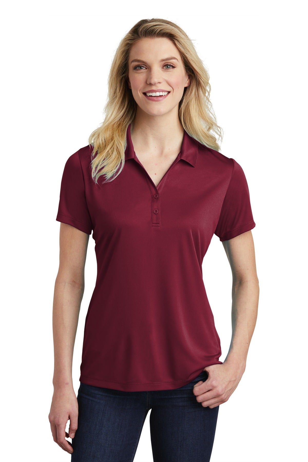 Front View of Maroon Sport-Tek Women's PosiCharge Competitor Polo. LST550