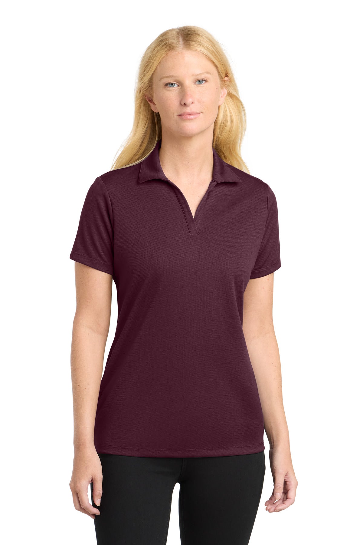 Front View of Maroon Sport-Tek Women's PosiCharge RacerMesh Polo. LST640