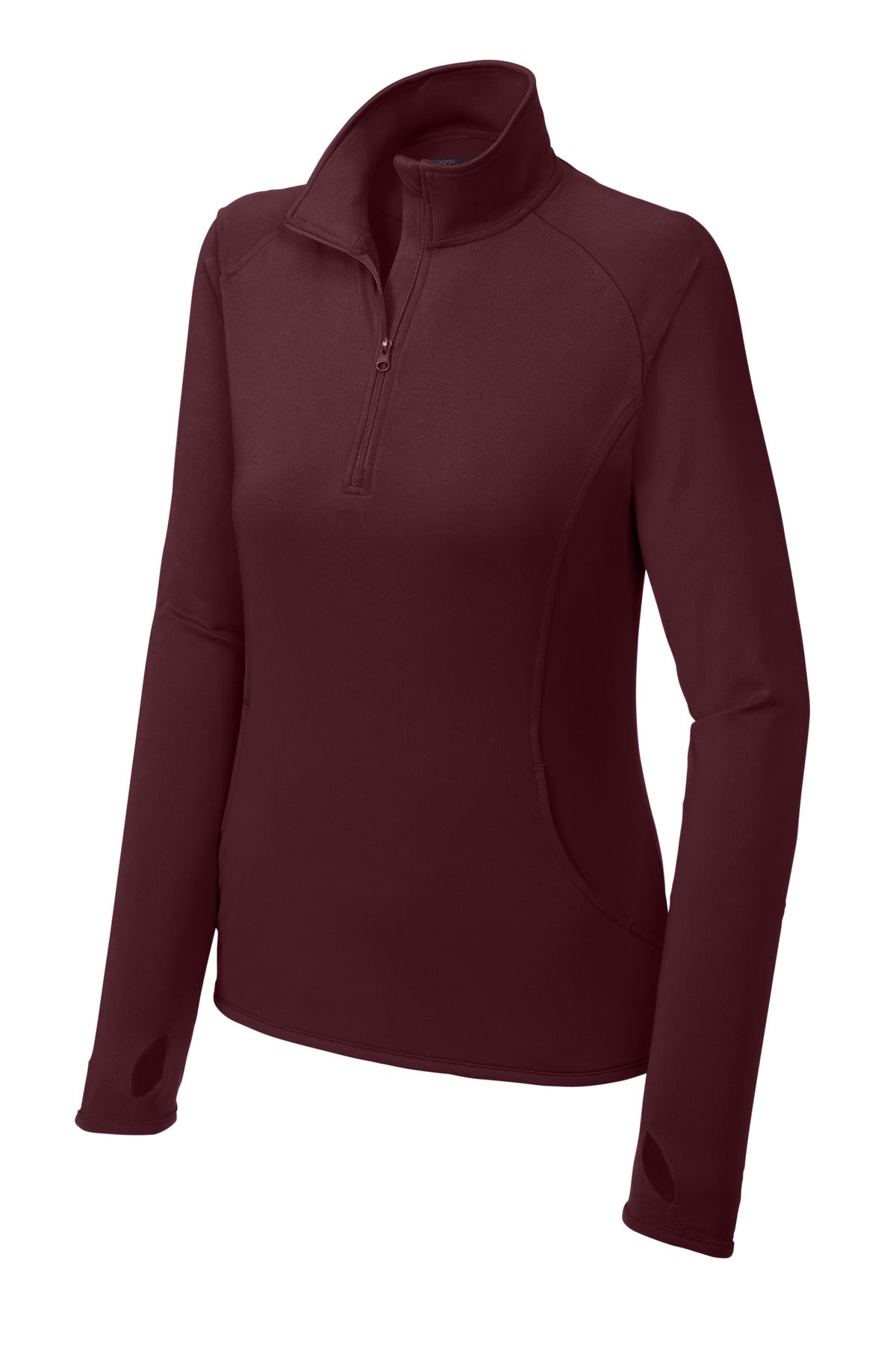 Front View of Maroon Sport-Tek Women's Sport-Wick Stretch 1/4-Zip Pullover. LST850