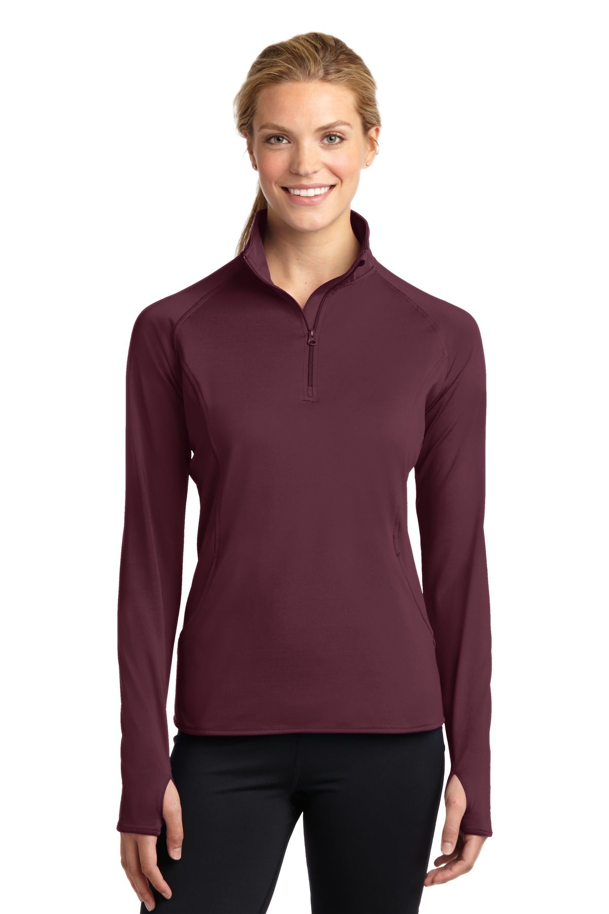 Front View of Maroon Sport-Tek Women's Sport-Wick Stretch 1/4-Zip Pullover. LST850