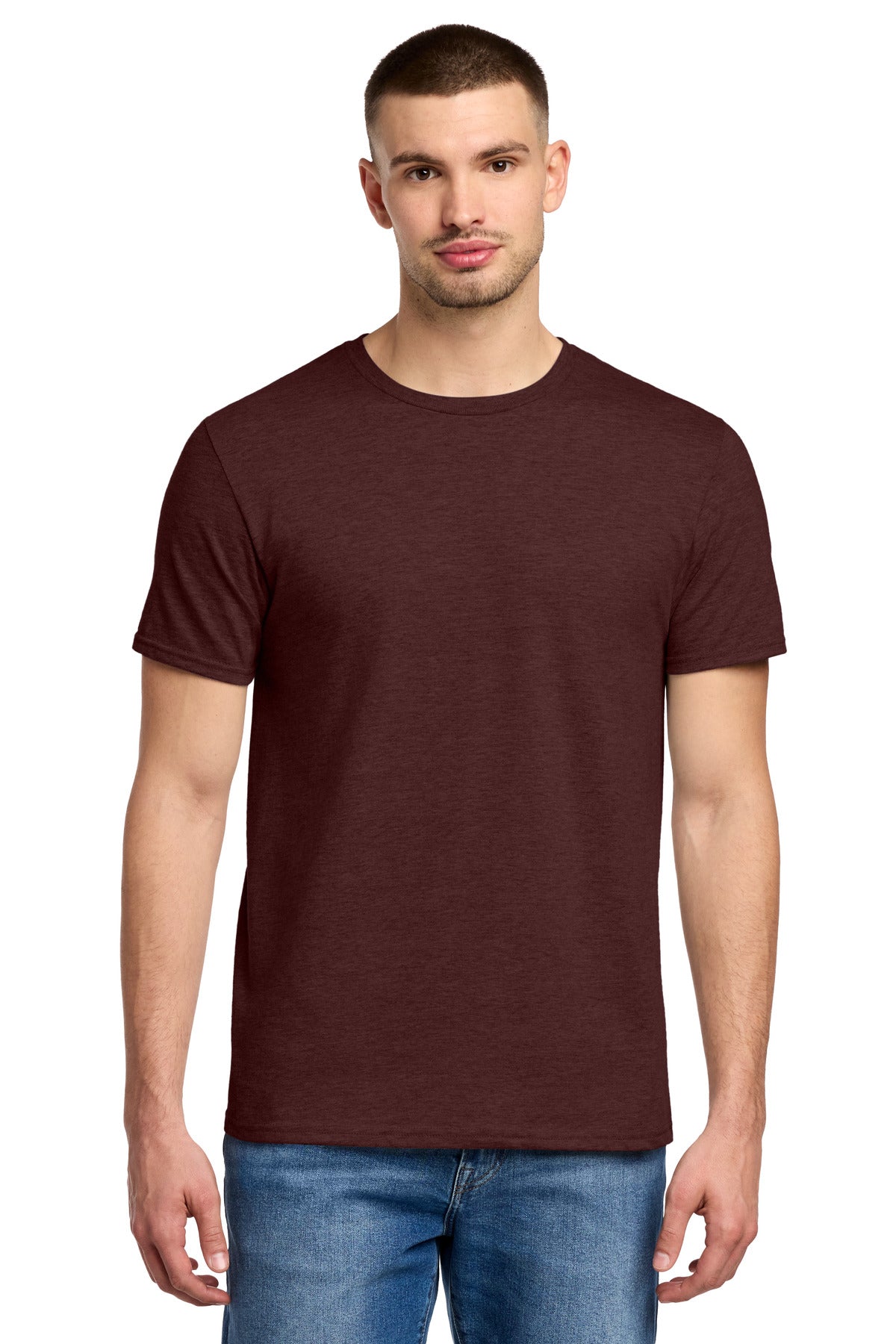 Front View of MaroonHthr Jerzees Premium Blend Ring Spun T-Shirt 560M