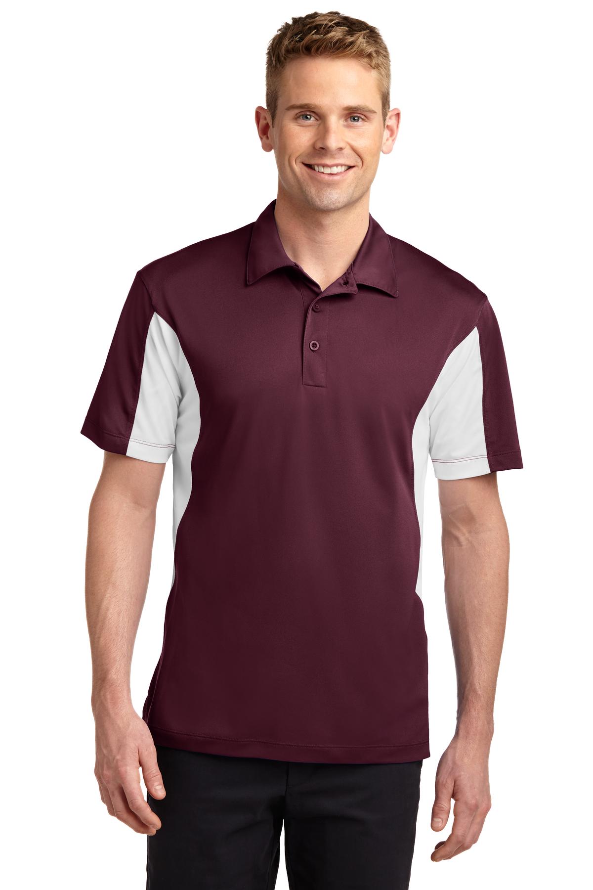 Front View of Maroon/White Sport-Tek Side Blocked Micropique Sport-Wick Polo. ST655