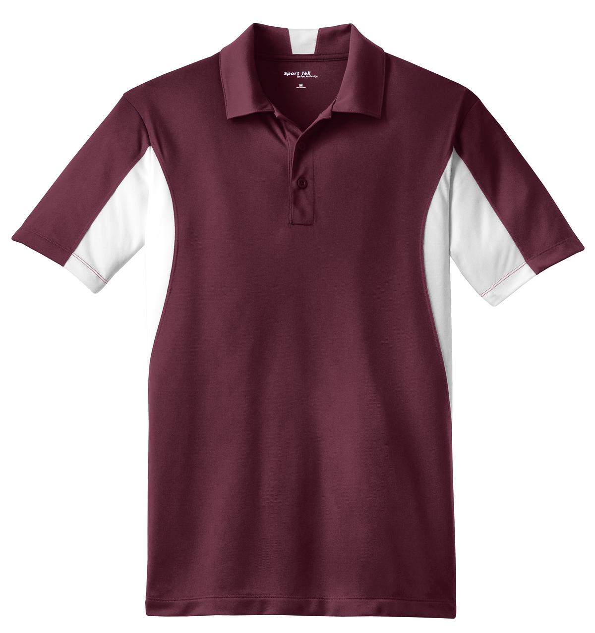 Front View of Maroon/White Sport-Tek Side Blocked Micropique Sport-Wick Polo. ST655