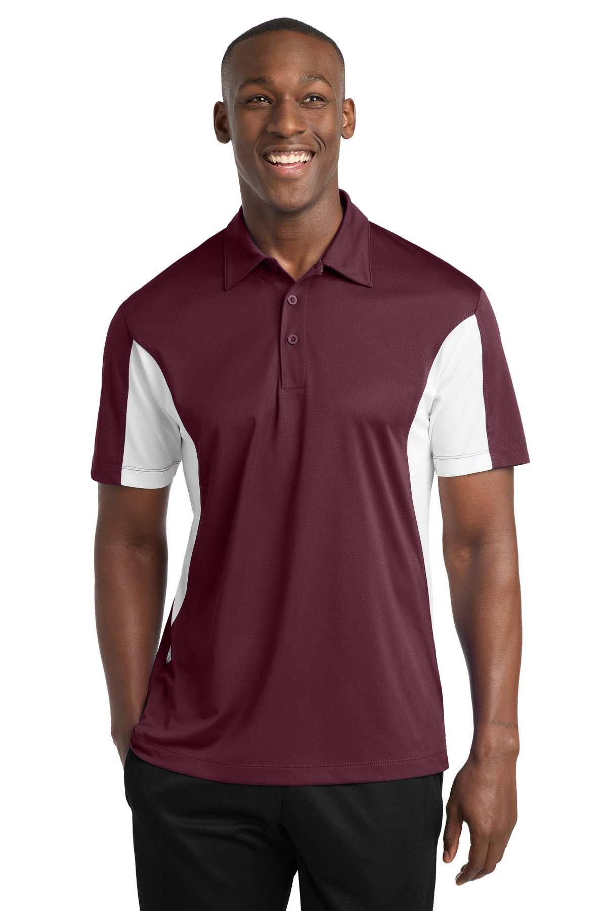 Front View of Maroon/White Sport-Tek Side Blocked Micropique Sport-Wick Polo. ST655