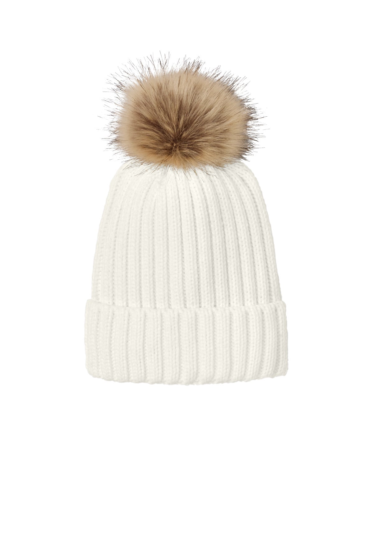 Front View of Marshmllw Port Authority Faux Fur Pom Beanie C990