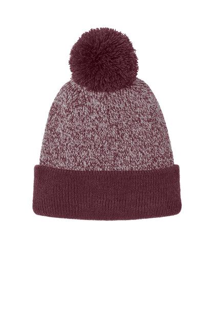 Front View of Mar/Silver Sport-Tek Halftime Heather Pom Beanie STC68