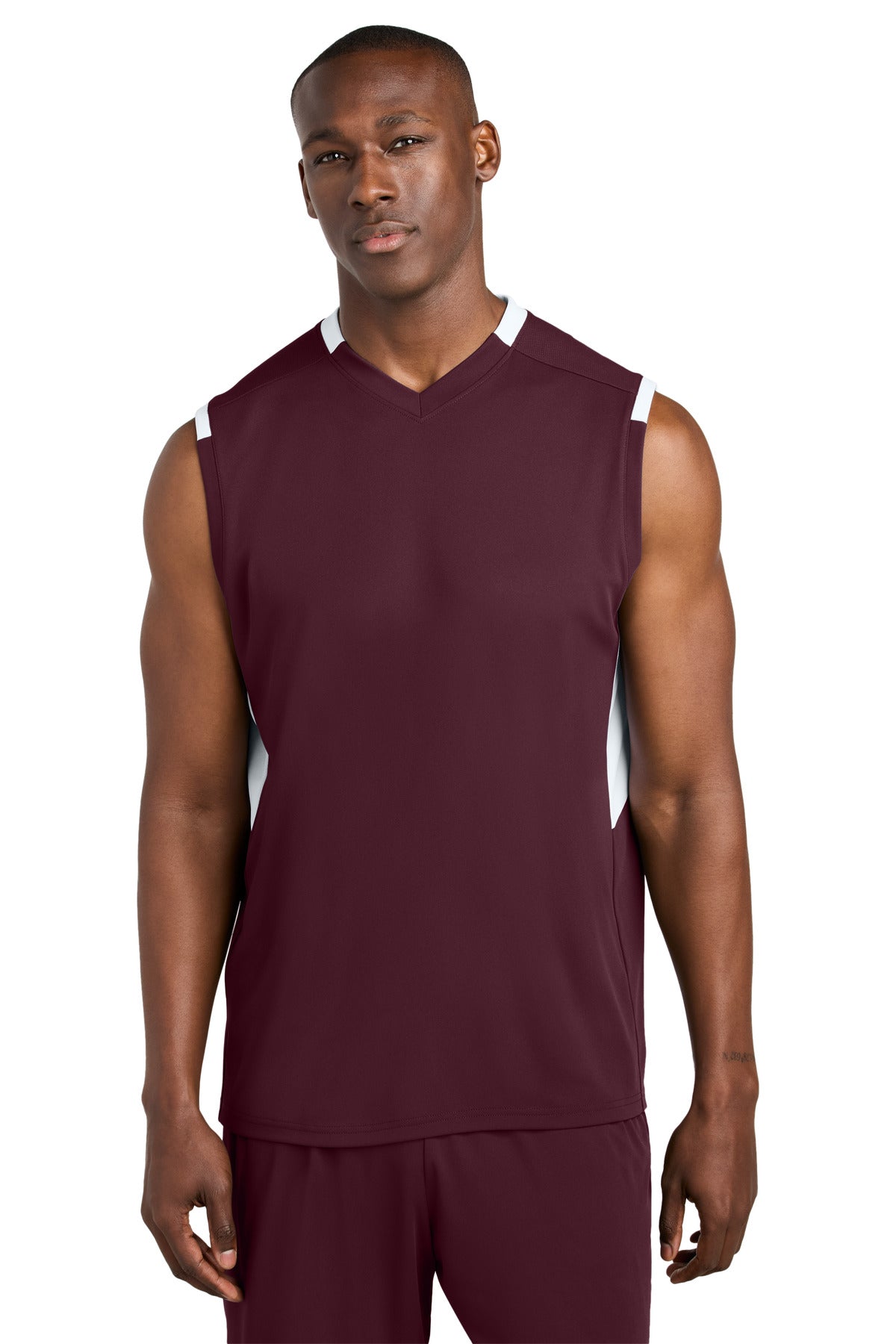 Front View of Mar/White Sport-Tek Club Sleeveless V-Neck ST441