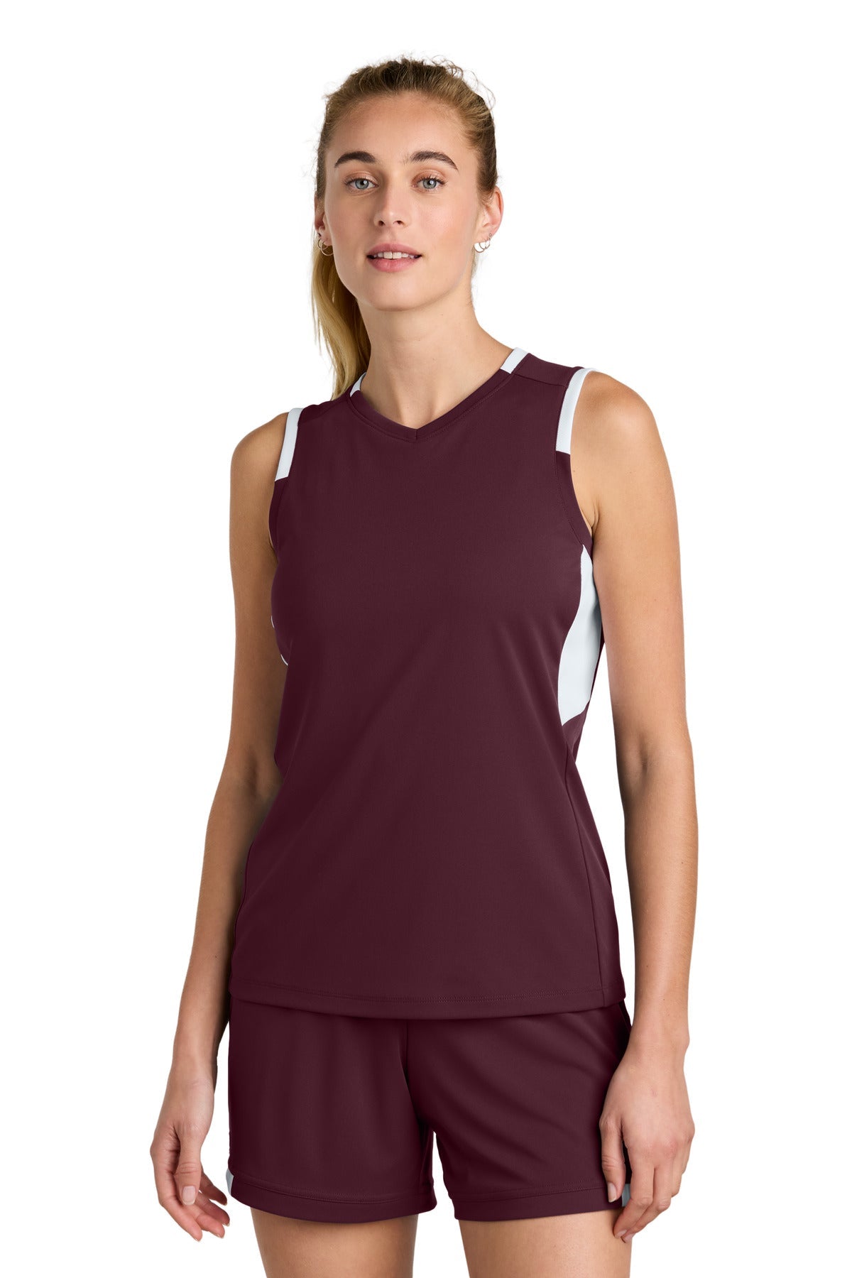 Front View of Mar/White Sport-Tek Women's Club Sleeveless V-Neck LST441