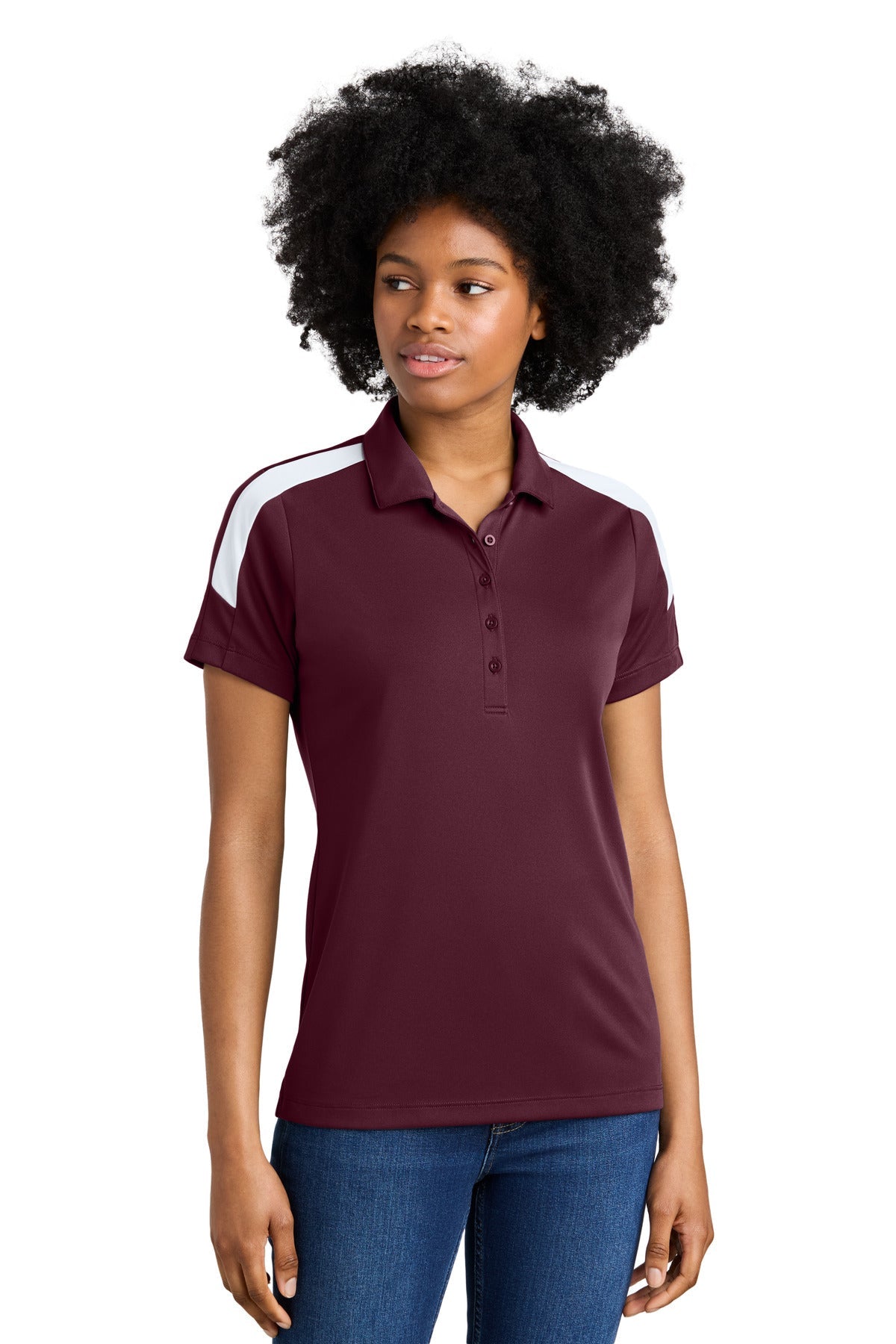 Front View of Mar/White Sport-Tek Women's Competitor United Polo LST104