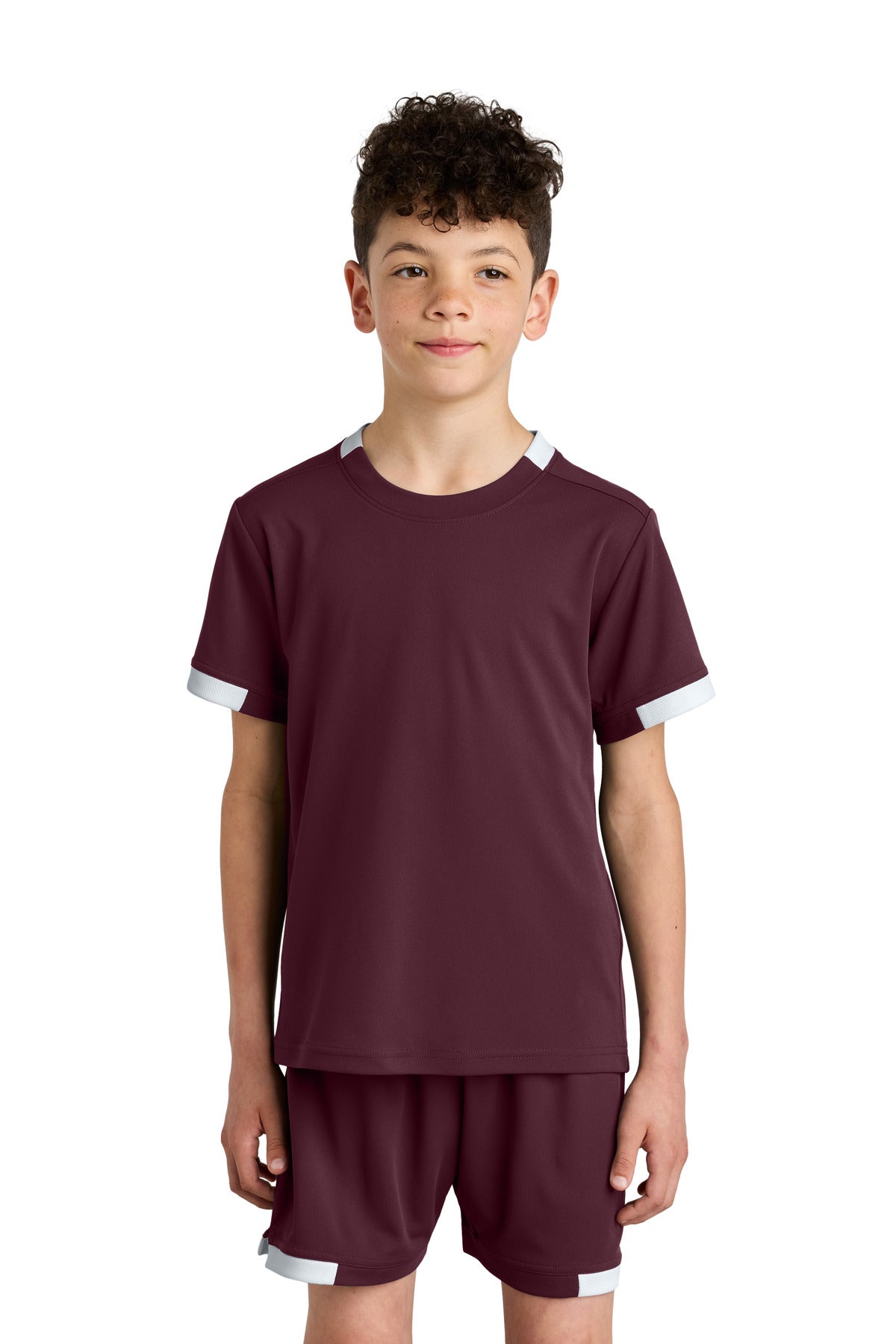 Front View of Mar/White Sport-Tek Youth Club Short Sleeve Crew YST440