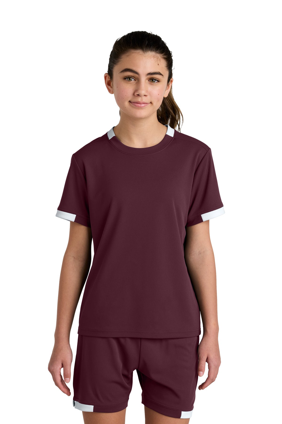 Front View of Mar/White Sport-Tek Youth Club Short Sleeve Crew YST440