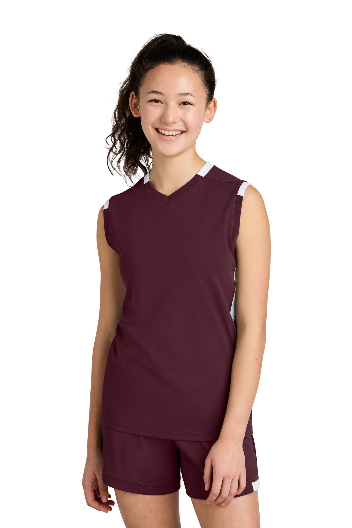 Front View of Mar/White Sport-Tek Youth Club Sleeveless V-Neck YST441
