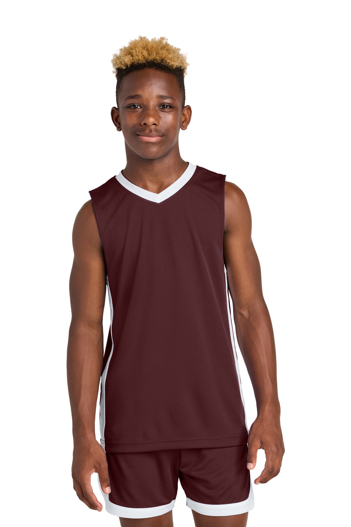 Front View of Mar/White Sport-Tek Youth Rival Basketball Rev Jersey YST900