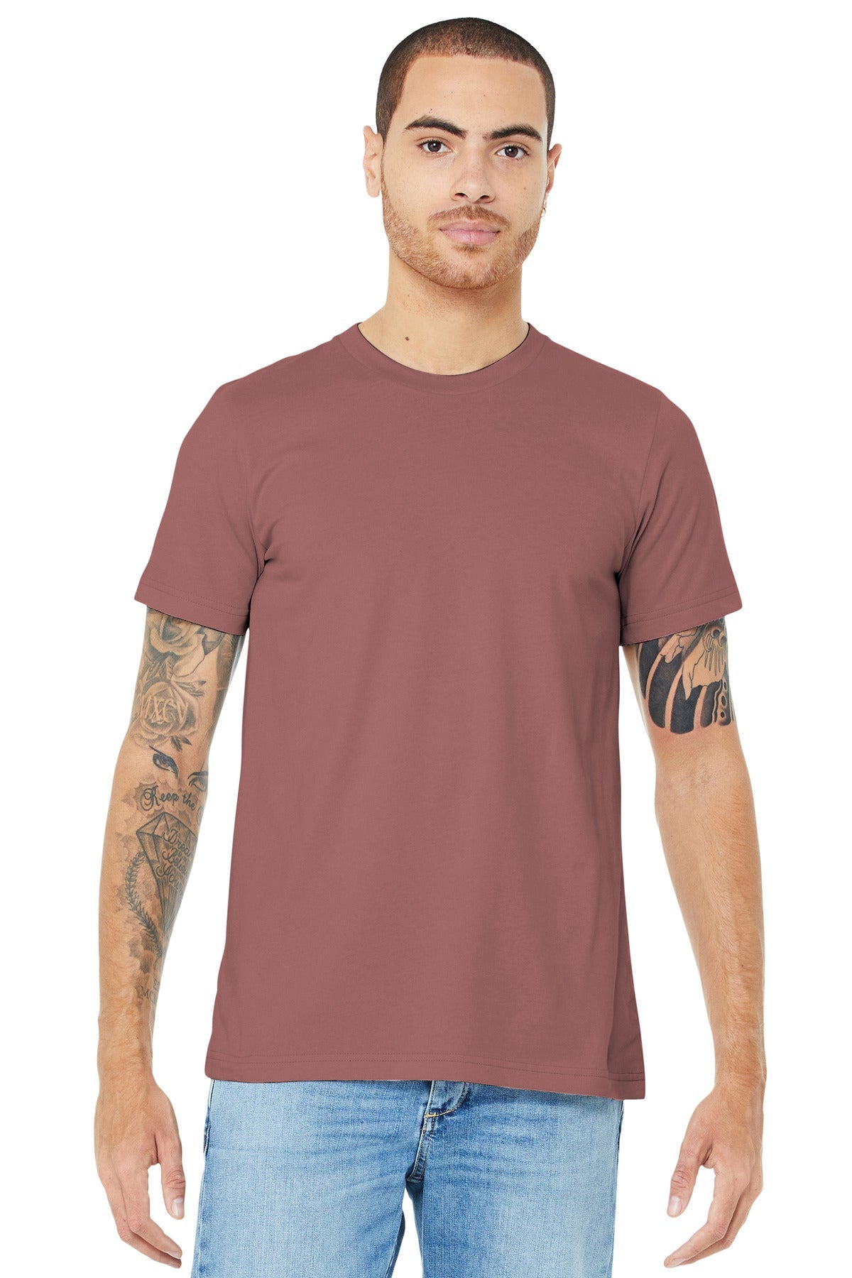 Front View of Mauve BELLA+CANVAS Unisex Jersey Short Sleeve Tee. BC3001