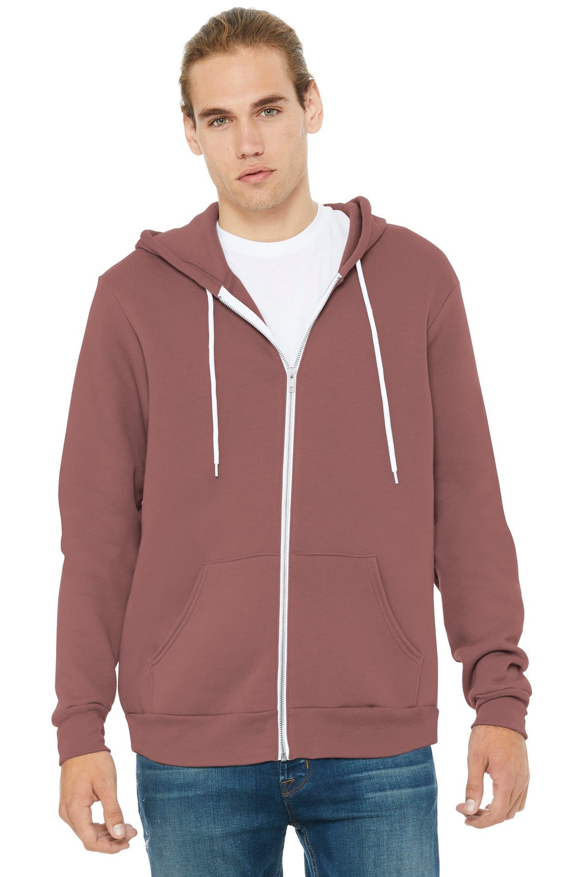 Front View of Mauve BELLA+CANVAS Unisex Sponge Fleece Full-Zip Hoodie. BC3739