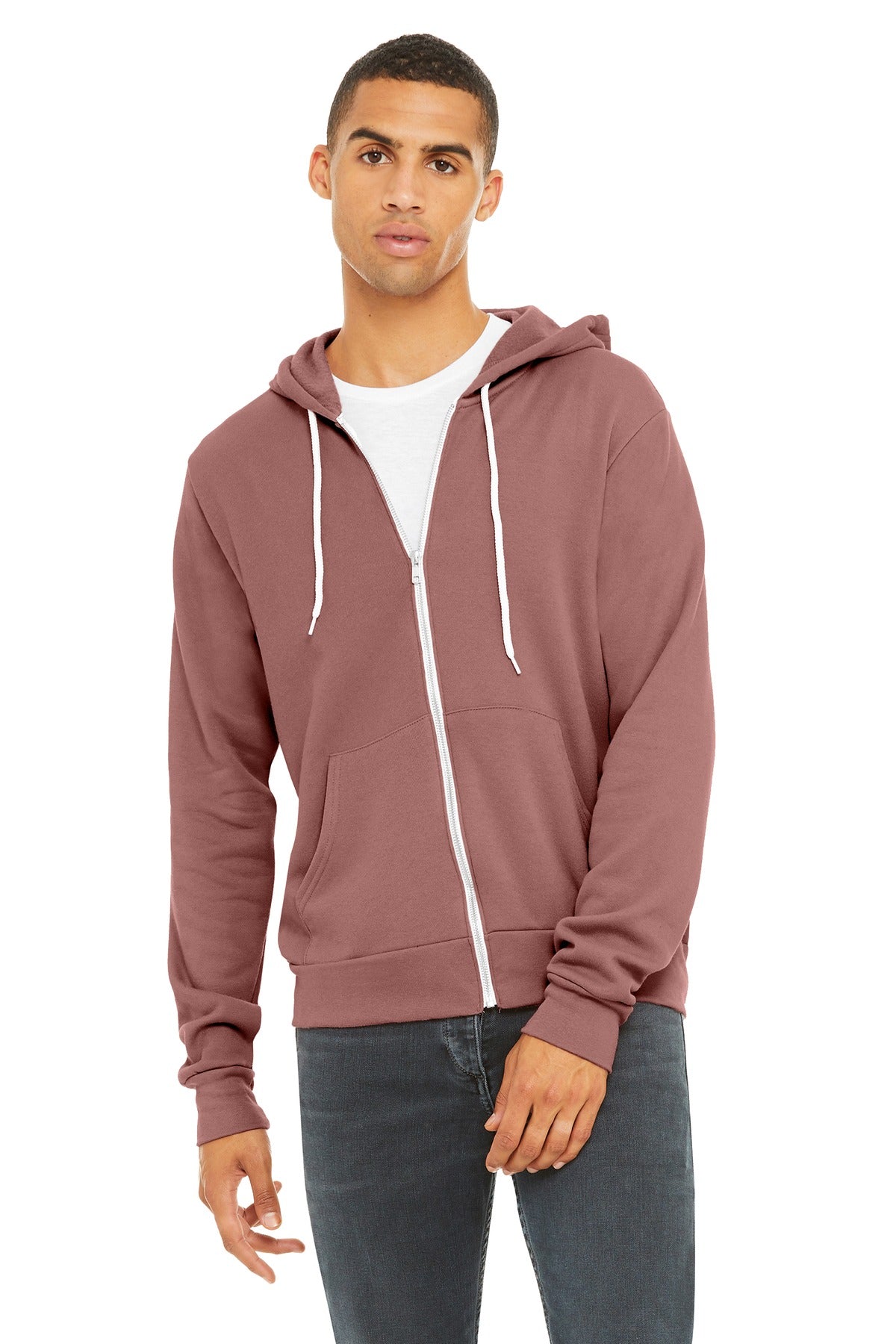 Front View of Mauve BELLA+CANVAS Unisex Sponge Fleece Full-Zip Hoodie. BC3739