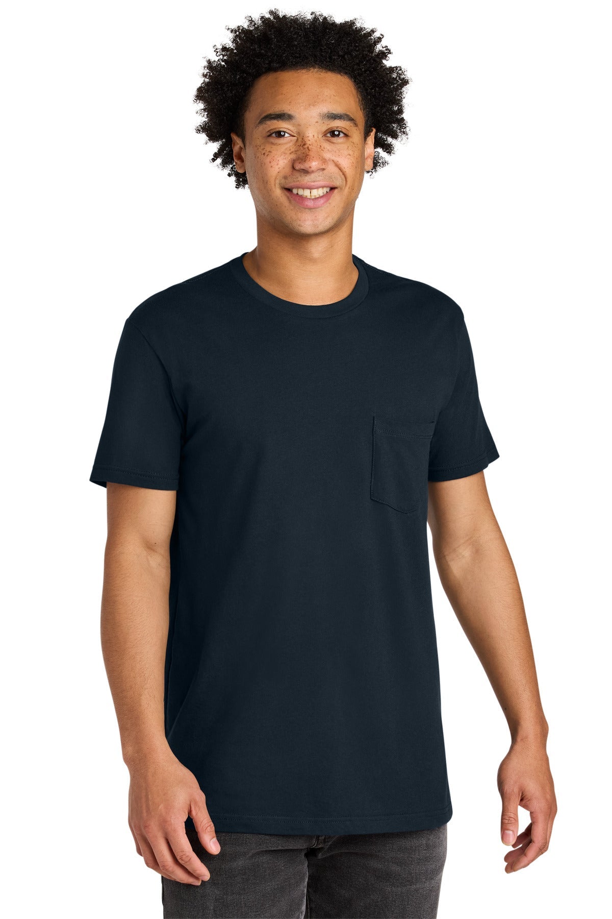 Front View of MdntNavy Next Level Apparel Cotton Pocket Tee NL3605