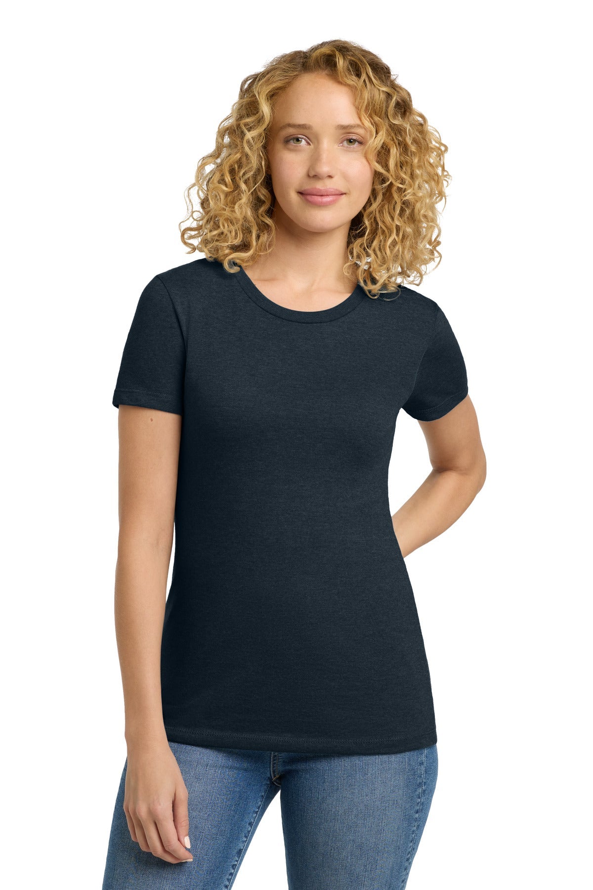 Front View of MdntNavy Next Level Apparel Women's CVC Tee. NL6610
