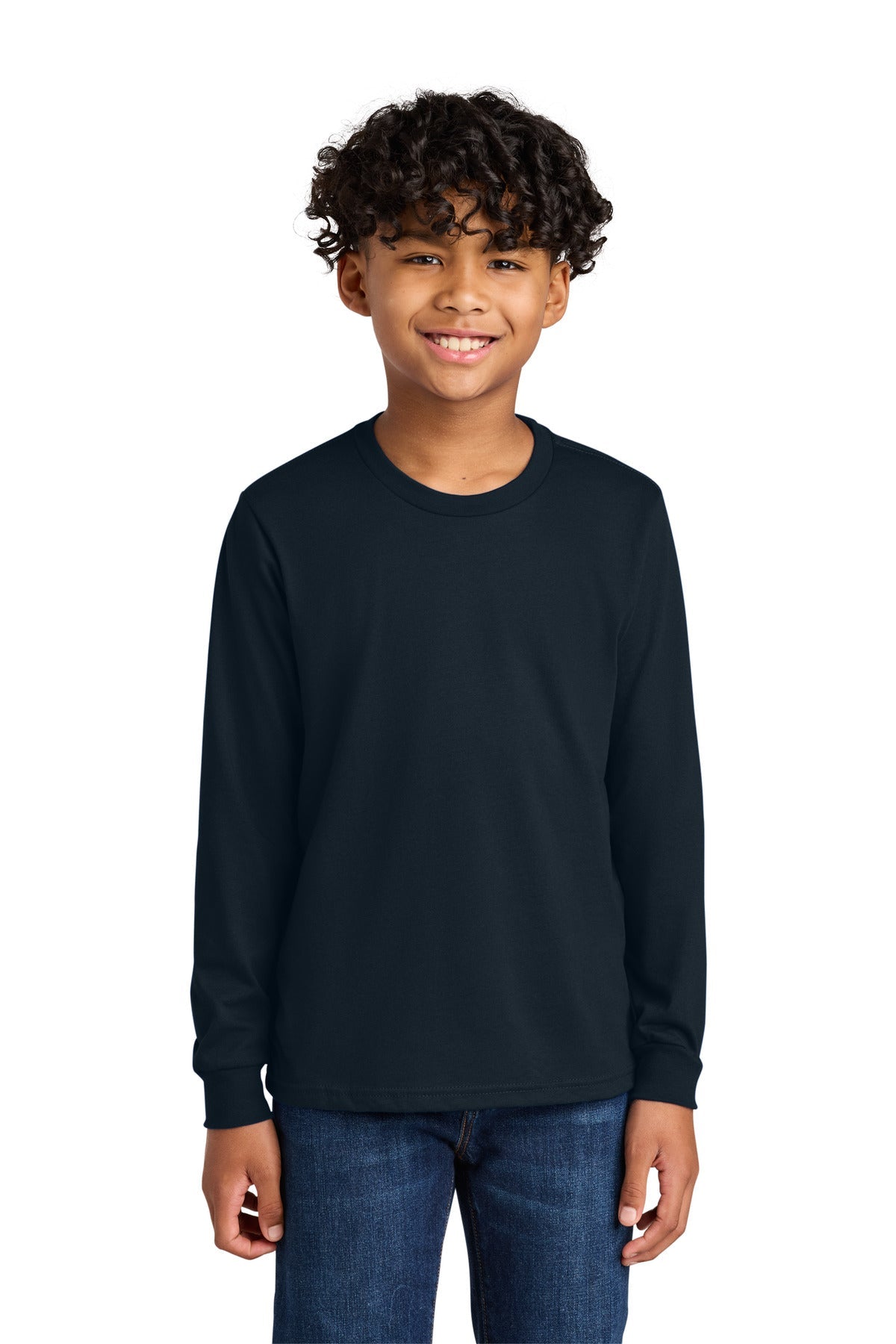 Front View of MdntNavy Next Level Apparel Youth Cotton Long Sleeve Tee NL3311