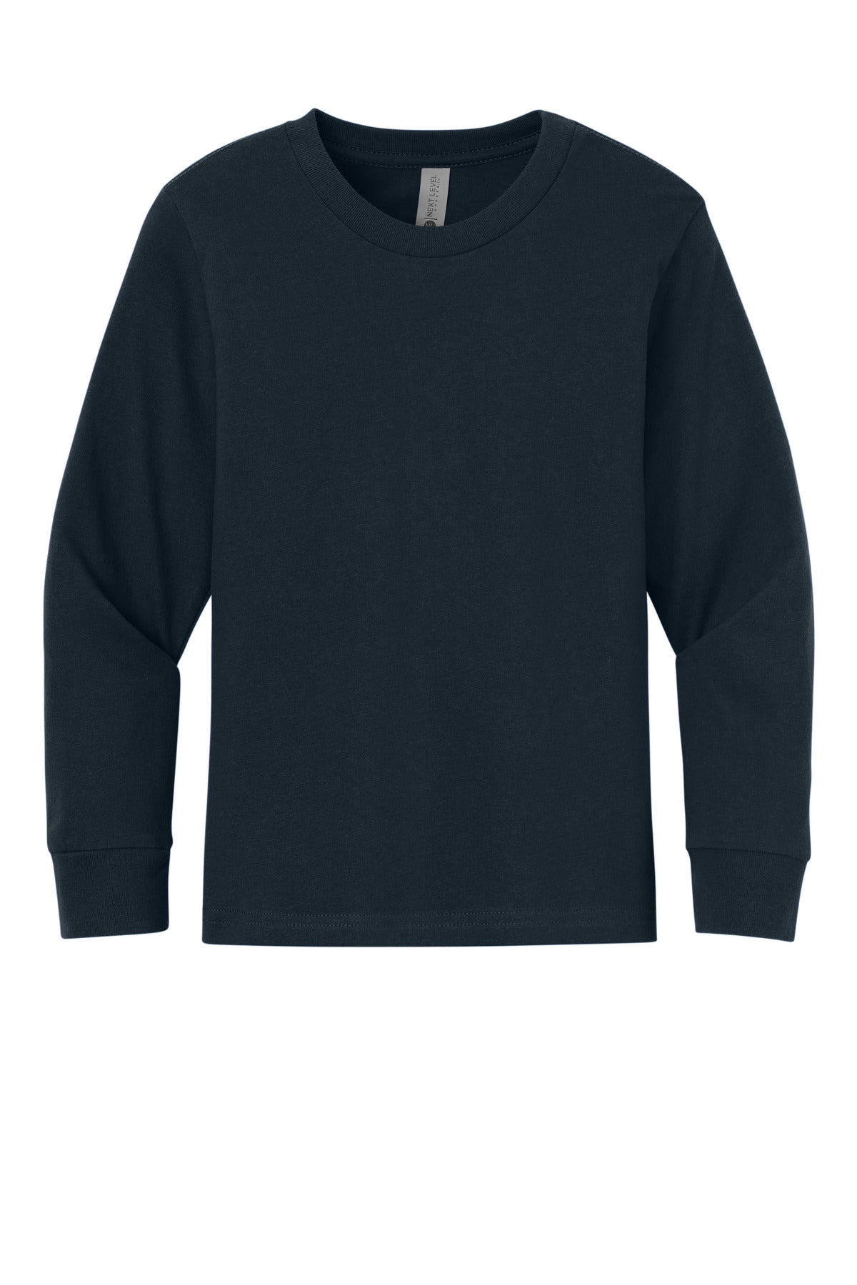 Front View of MdntNavy Next Level Apparel Youth Cotton Long Sleeve Tee NL3311
