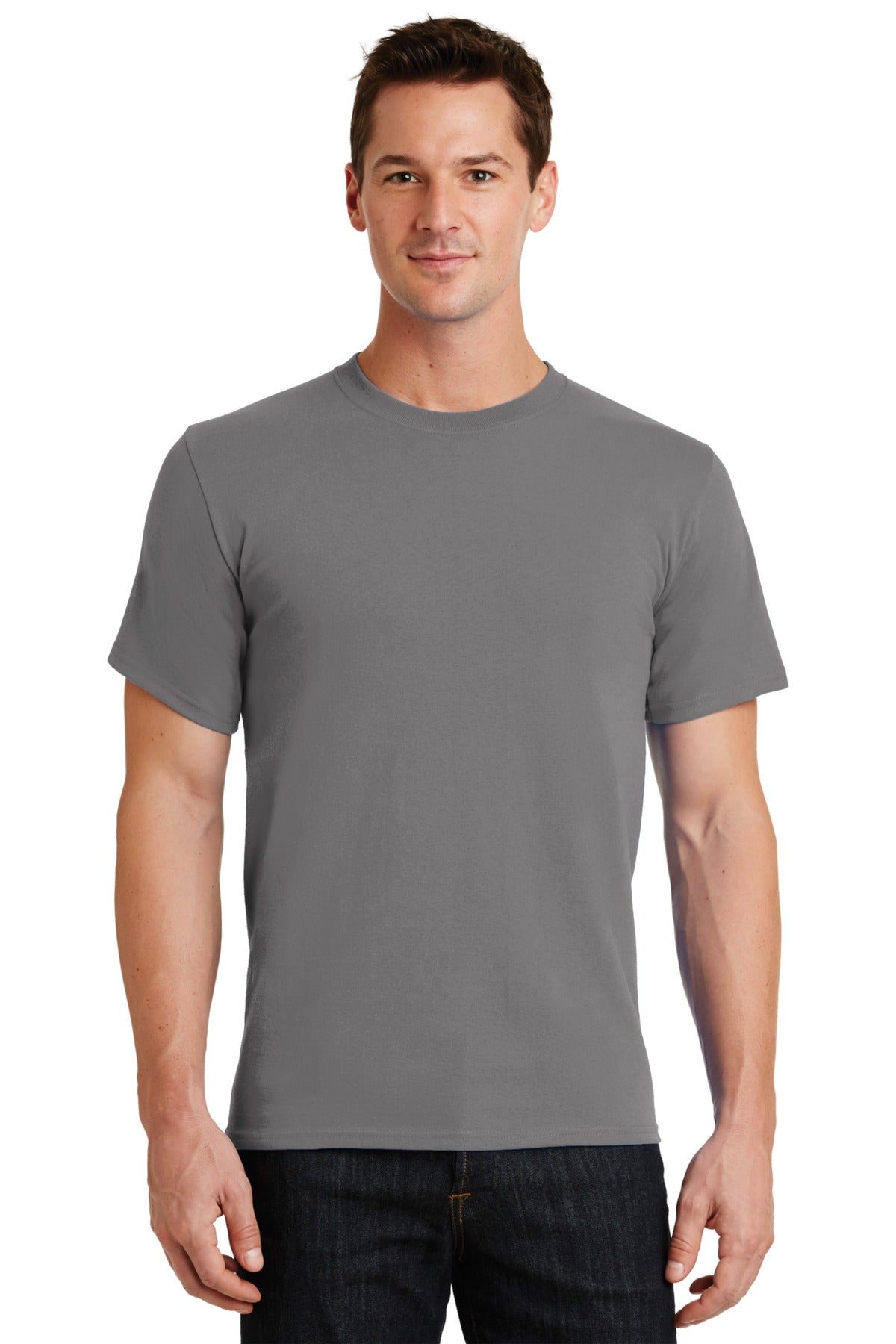 Front View of Medium Gray Port & Co Essential Tee. PC61