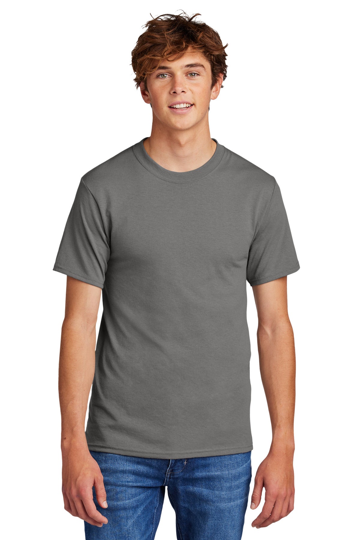 Front View of Medium Grey Port & Co Core Blend Tee. PC55